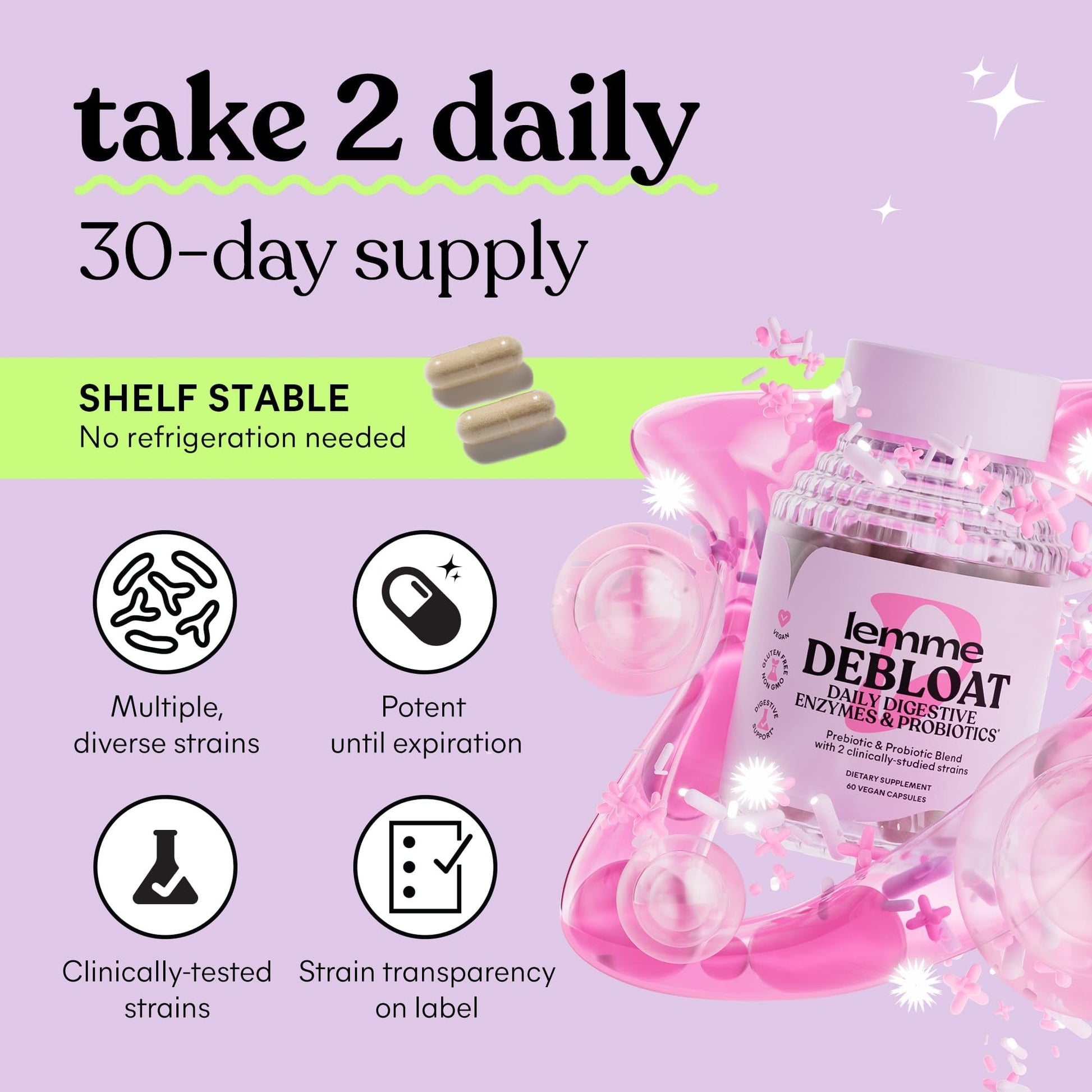 Lemme Debloat 3-in-1 Prebiotic, Probiotic & Digestive Enzyme Capsules for Bloating & Gas Relief - 2 Clinically Studied Probiotics w/5 Digestive Enzymes to Improve Digestion, Women & Men, (60 Count) LemmeAu supplements
