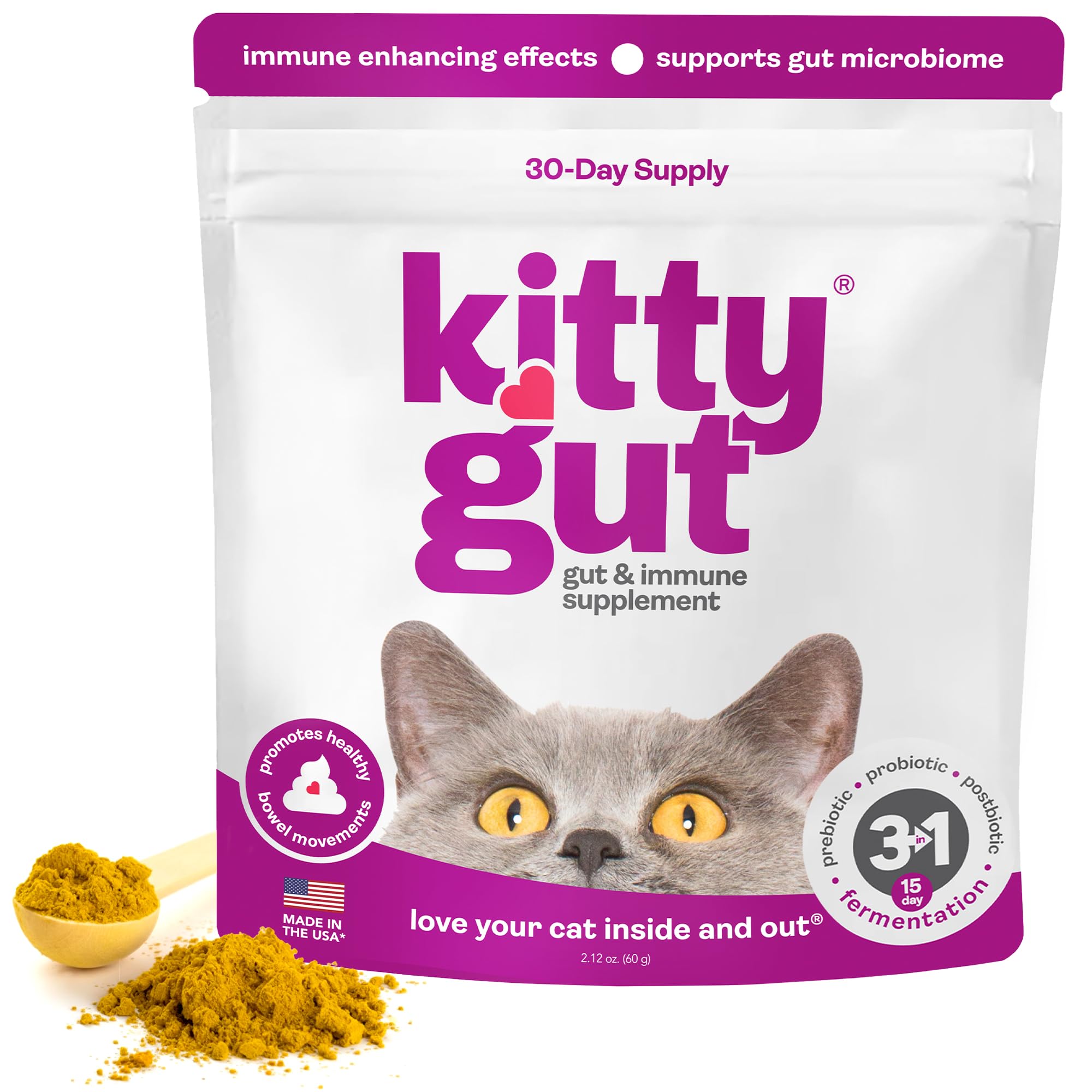KittyGut 3-in-1 Organic Cat Probiotics & Postbiotic Supplement Powder- Made in USA-Probiotics for Cats Promote Gut Health and Cat Digestive Support, Diarrhea and Vomiting (60g) MUTTGUTAu supplements