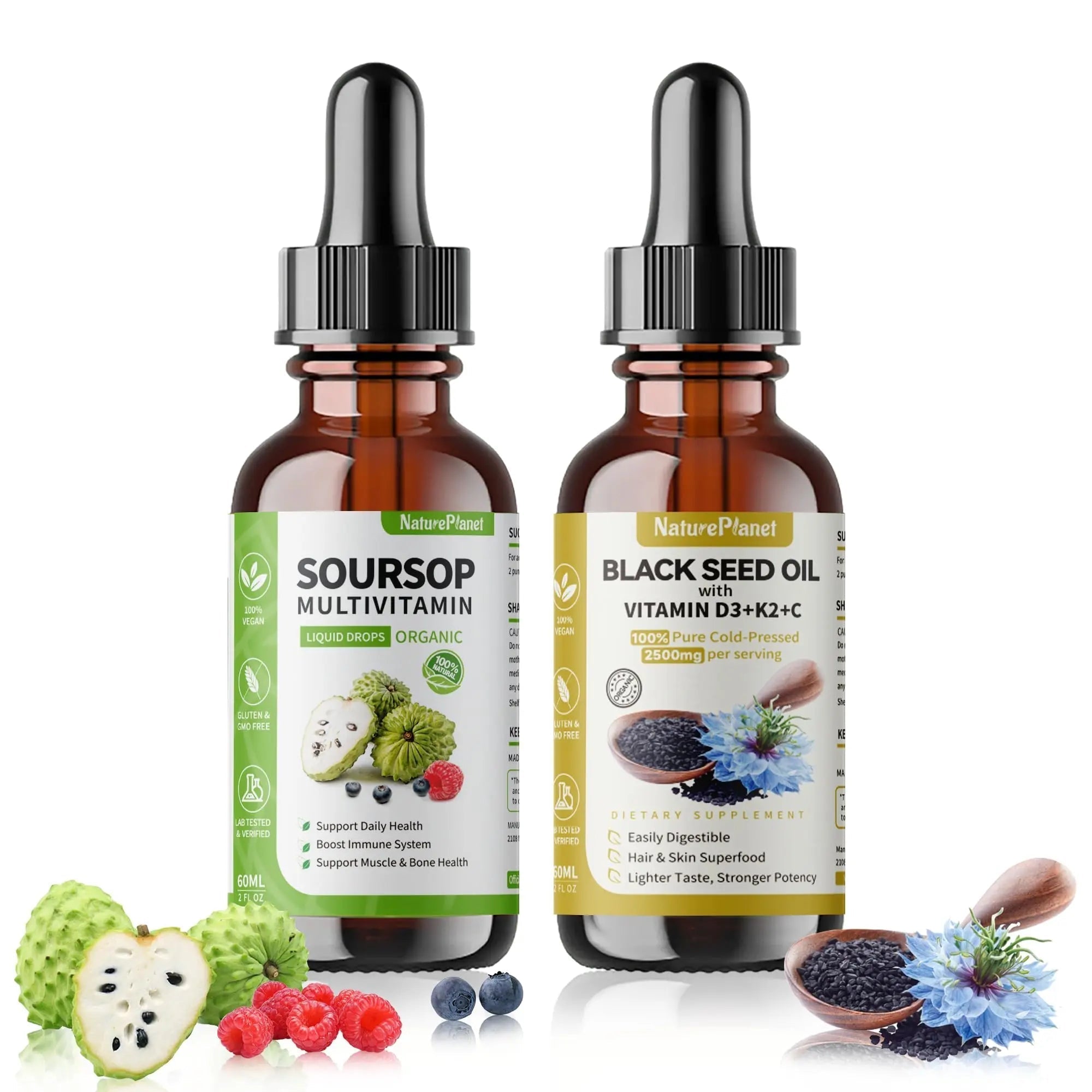 NaturePlanet Organic Soursop Bitters and Black Seed Oil Drops Bundles with Vitamins D3, K2, B6, C | NaturePlanetAu supplements