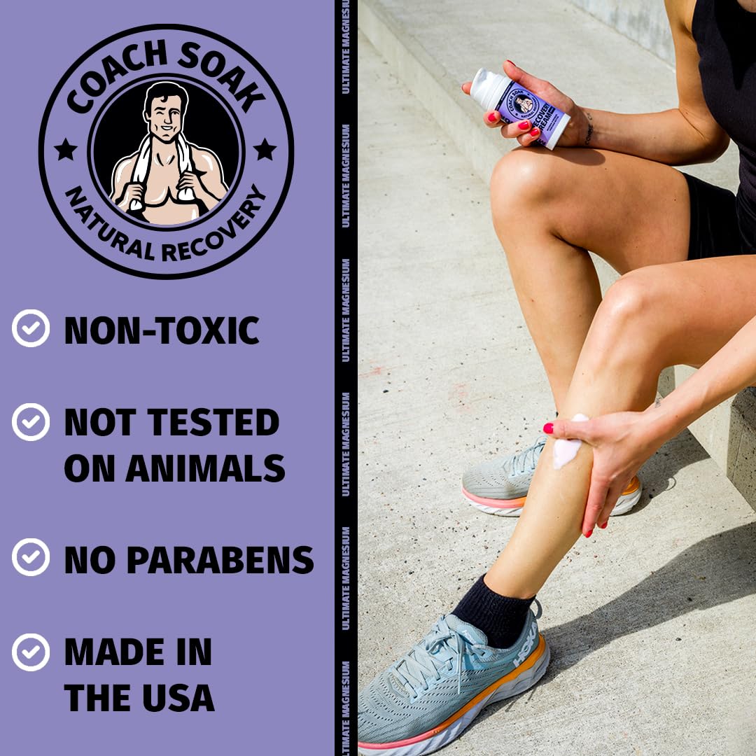 Coach Soak Magnesium Cream with MSM in Pump Bottle - Natural Recovery Cream with Magnesium Chloride & Menthol - Fast-Absorbing for Muscles & Joints, Lavender 3.4oz Coach SoakAu supplements