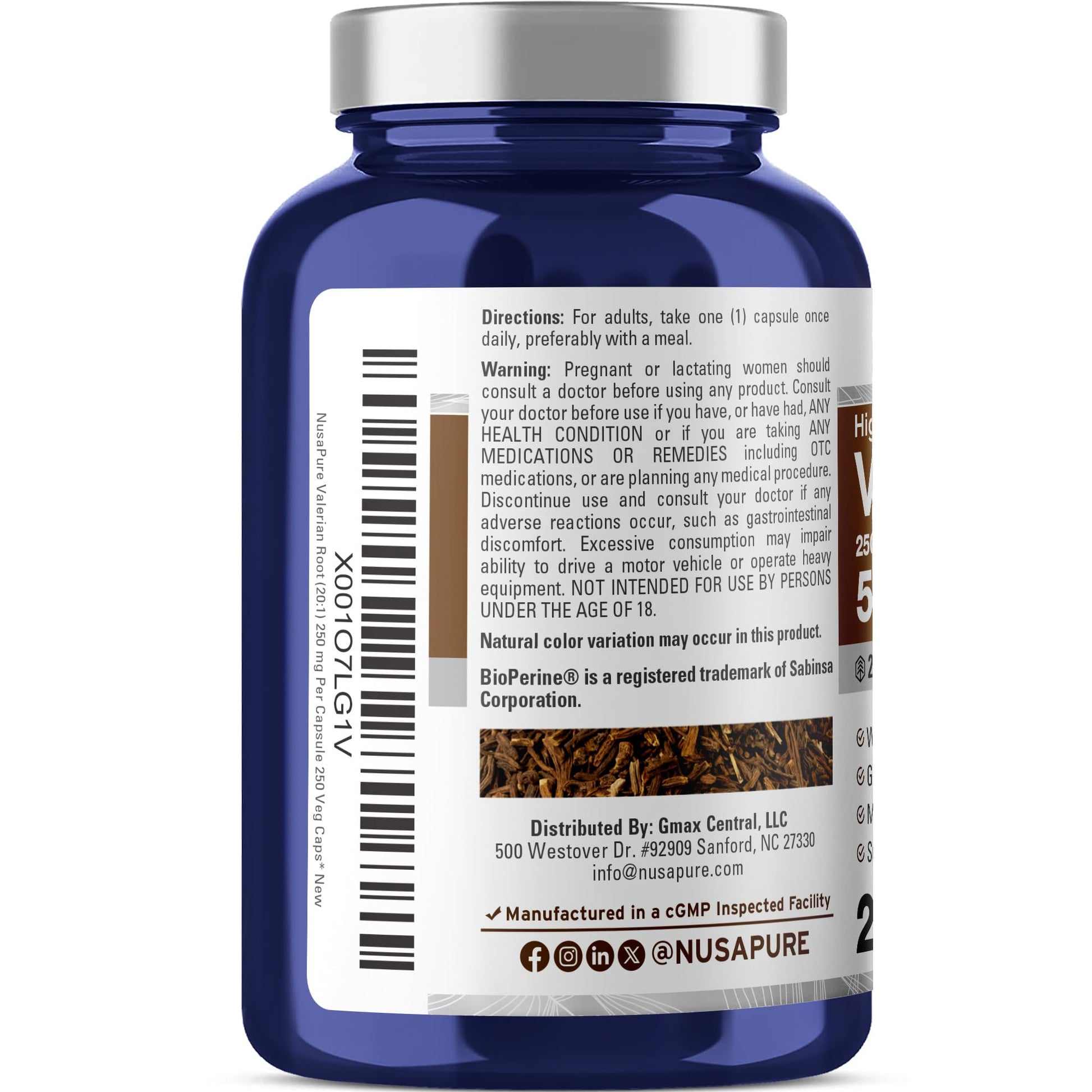 NusaPure Valerian Root 20:1 Extract, 250 mg Equivalent to 5000mg Per Veggie Caps, 250 Count, Vegan, Non-GMO, Bioperine NusaPureAu supplements