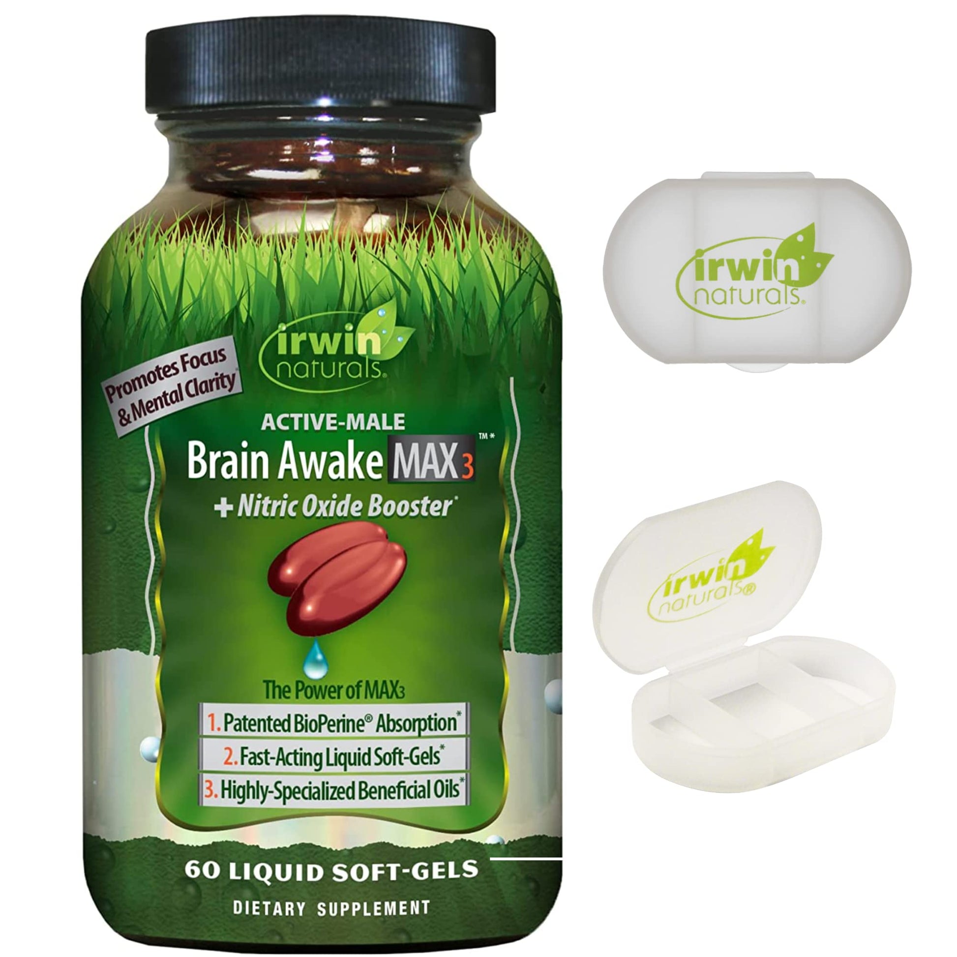 Irwin Naturals Brain Awake Max3 + Nitric Oxide Booster 60 Count with Pill Case Irwin NaturalsAu supplements