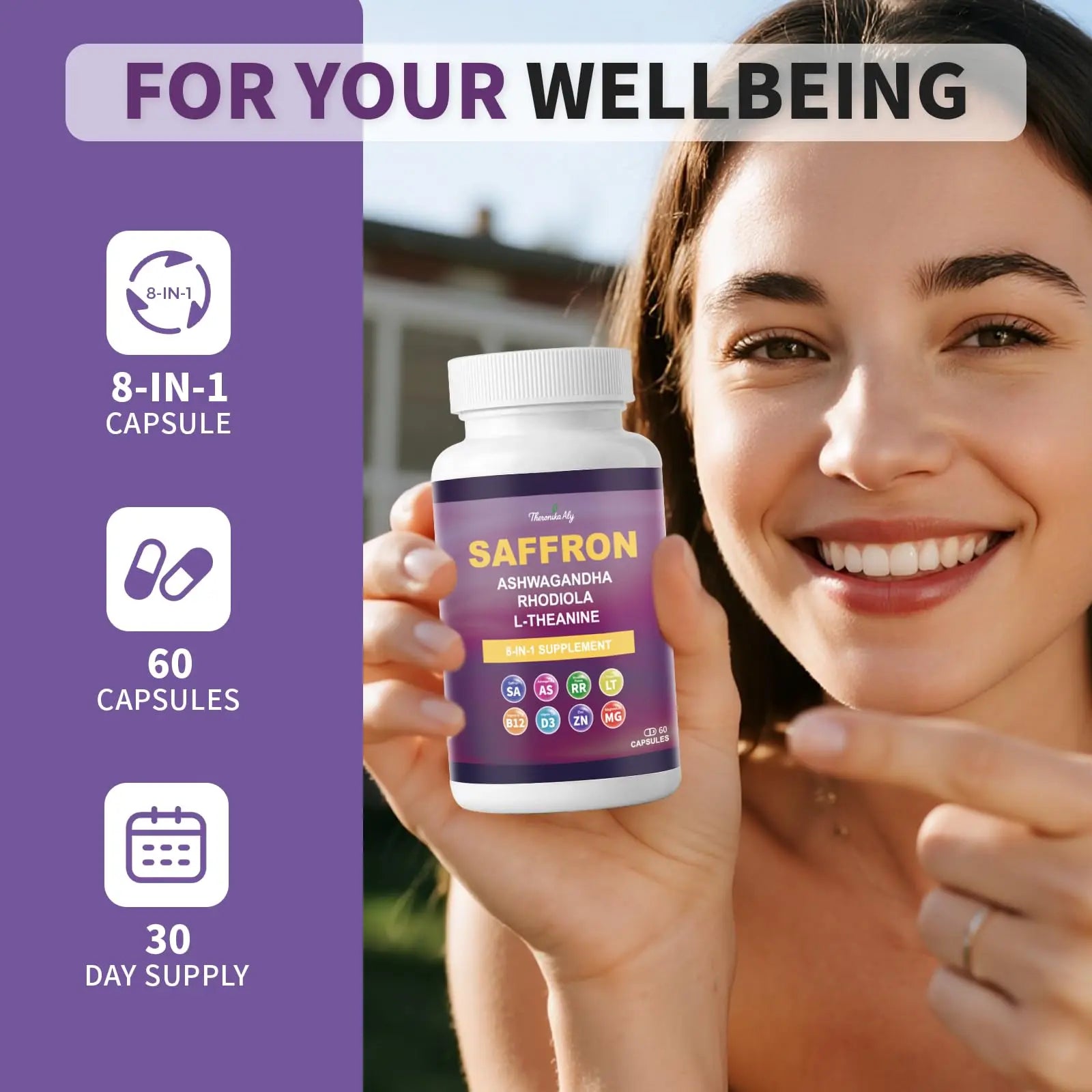 Theronika Aly Saffron Supplements – Blend with Ashwagandha, Safron, Rhodiola, Magnesium, L-Theanine, Zinc & B12, 88.5 mg Pure Saffron Extract Capsules Mood, Energy, Vision & Focus – 60 Vegan Capsules Theronika Alynz supplements