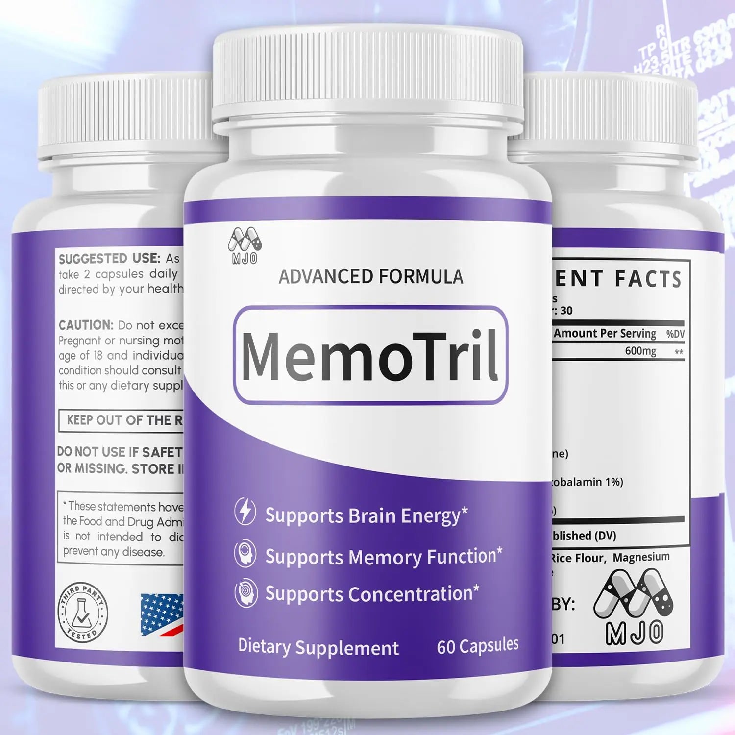 (3 Pack) Memotril Capsules, Official Memo Tril Supplement Pills with All Natural Ingredients, Advanced Memotril for Brain Health & Wellness Support with Premium Vitamins for Women & Men (180 Capsules) MJOnz supplements