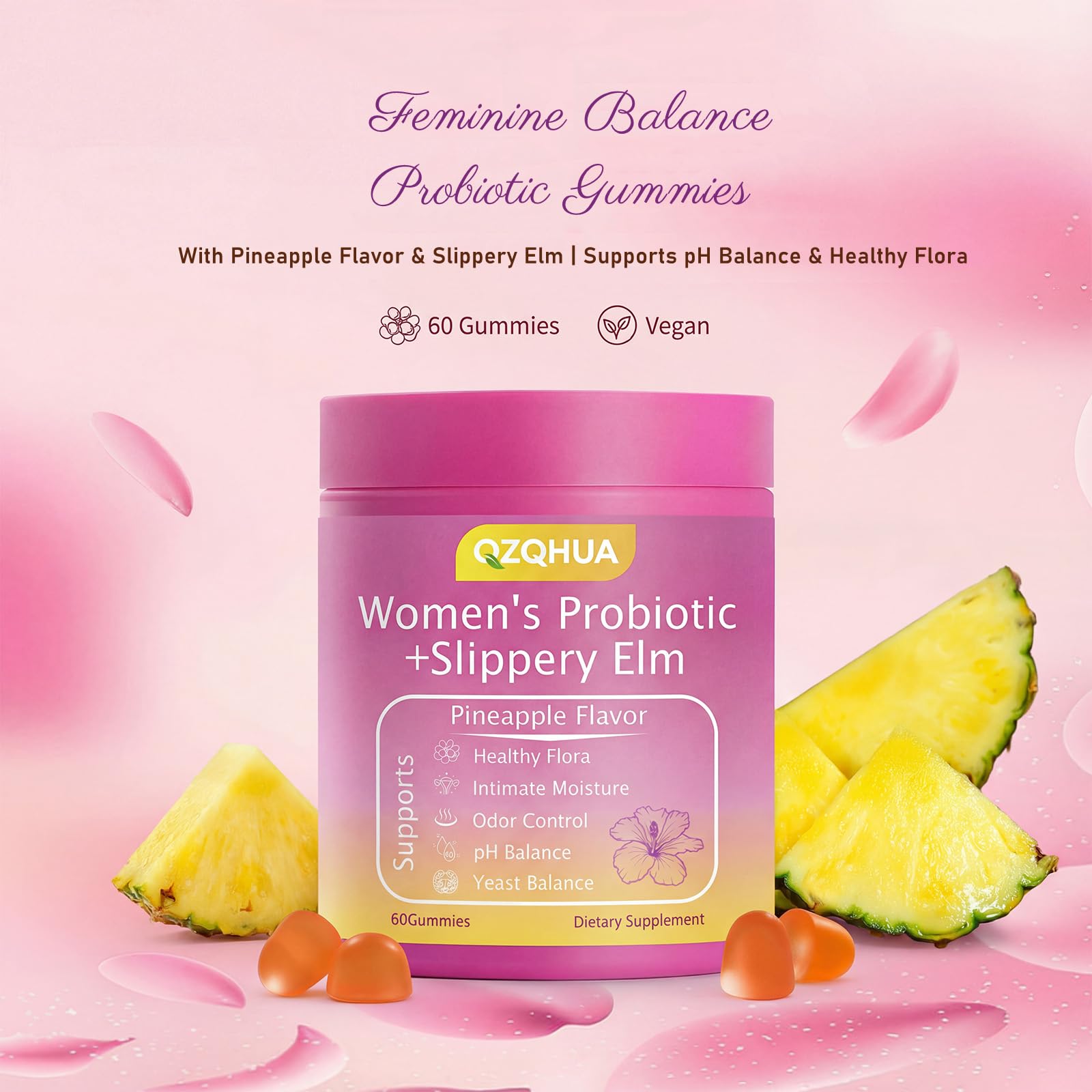 Premium Feminine Balance Gummies for Women - 60 Gummies, Hawaiian Pineapple Flavor - with Probiotics & Vitamin C - Supports Feminine Wellness & Healthy Balance - Gluten Free, Vegan（30 Servings）（Q2） QZQHUAAu supplements