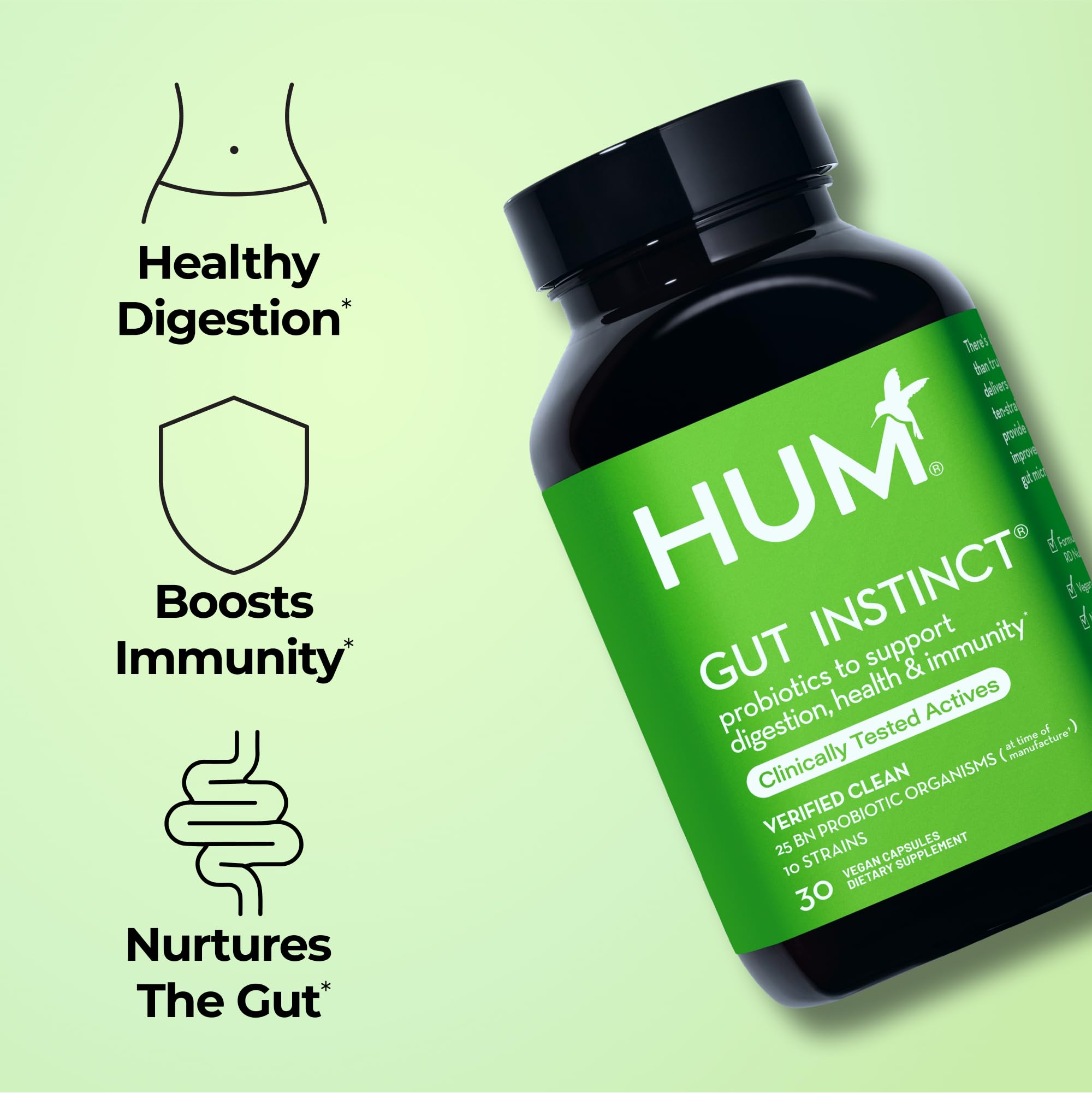 HUM Gut Instinct Daily Probiotics for Women and Men, Digestive Health, Lactobacillus, Bifidobacterium Strains for Immune Support, Probiotic Supplement for Healthy Gut Diversity, 30 Capsules HUMAu supplements