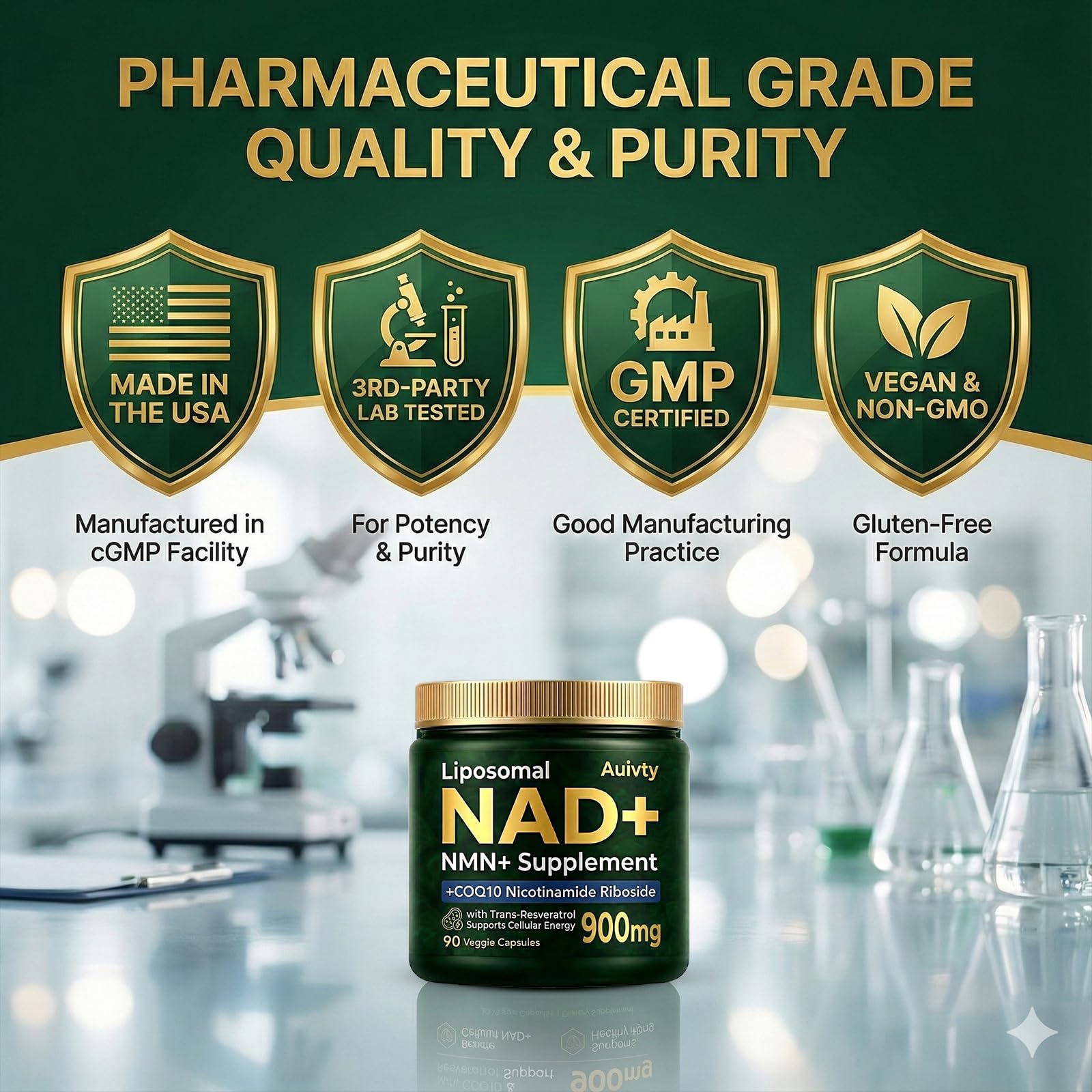 Auivty Liposomal NAD+ NMN Supplement with COQ10, Nicotinamide Riboside, Trans-Resveratrol, 900mg, 90 Veggie Capsules AuivtyAu supplements