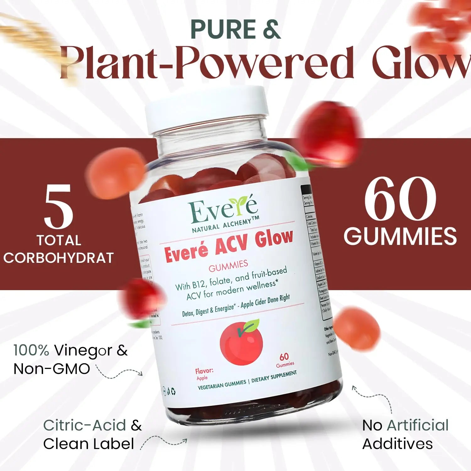 Everé ACV Glow Gummies – Apple Cider Vinegar with B12, B6, Iodine, Folate, Beetroot & Pomegranate – Daily Wellness Support for Energy & Balance The EverÉ Natural Alchemynz supplements