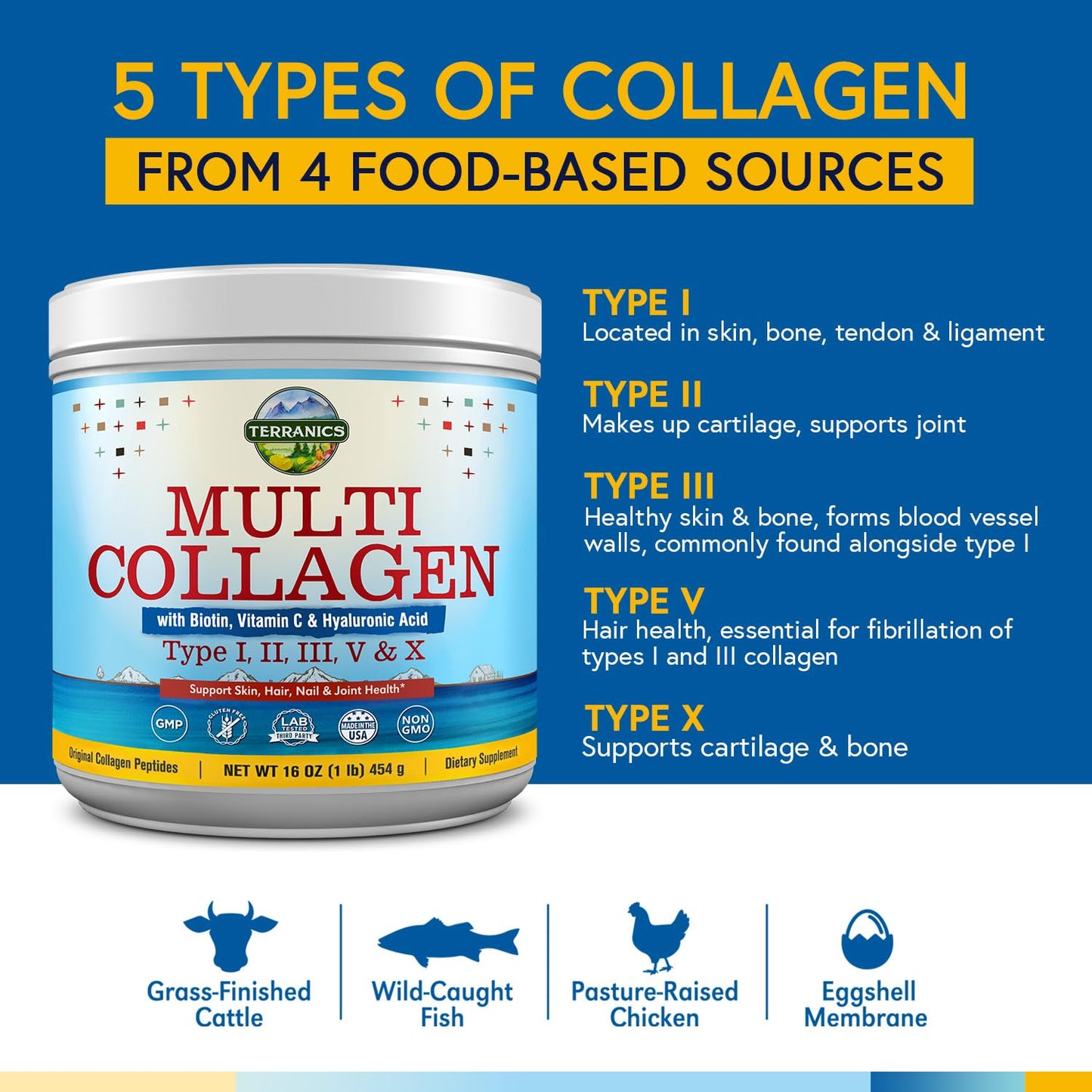 Terranics Multi Collagen Powder Type I II II V X with Biotin VC Hyaluronic Acid, Paleo TerranicsUS supplements