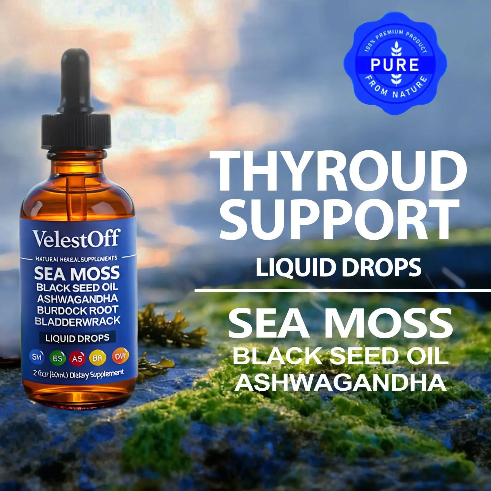 Velestoff Irish Seamoss Thyroid Hormone Regulator, Velestoff Thyroid Support Drops | Sea Moss, Black Seed Oil, Ashwagandha, Burdock Root, Bladderwrack, Hormone Balance & Support - 2 FL.OZ (1 Pcs) Velestoffnz supplements