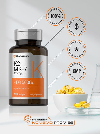 Horbäach Vitamin D3 K2 | 5000iu of Vitamin D & 100mcg MK-7 Complex | 180 Softgel Cap HorbäachUS supplements