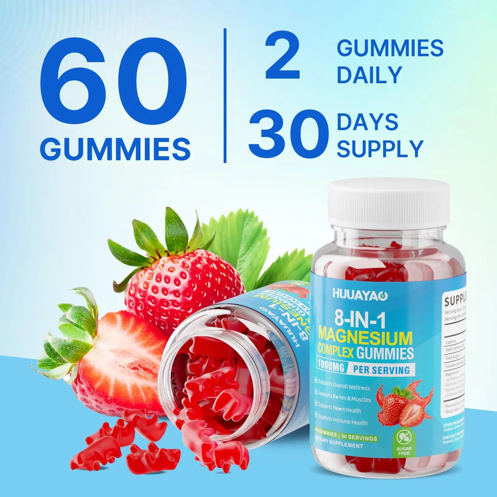 Magnesium Complex Gummies for Women Men 8 in 1, Magnesium Glycinate, Citrate, Malate, Taurate, Supports Bones, Muscle, Nerve Health, Sugar-Free, Vegan Non-GMO, Strawberry Flavor, 120 Count HUUAYAOnz supplements