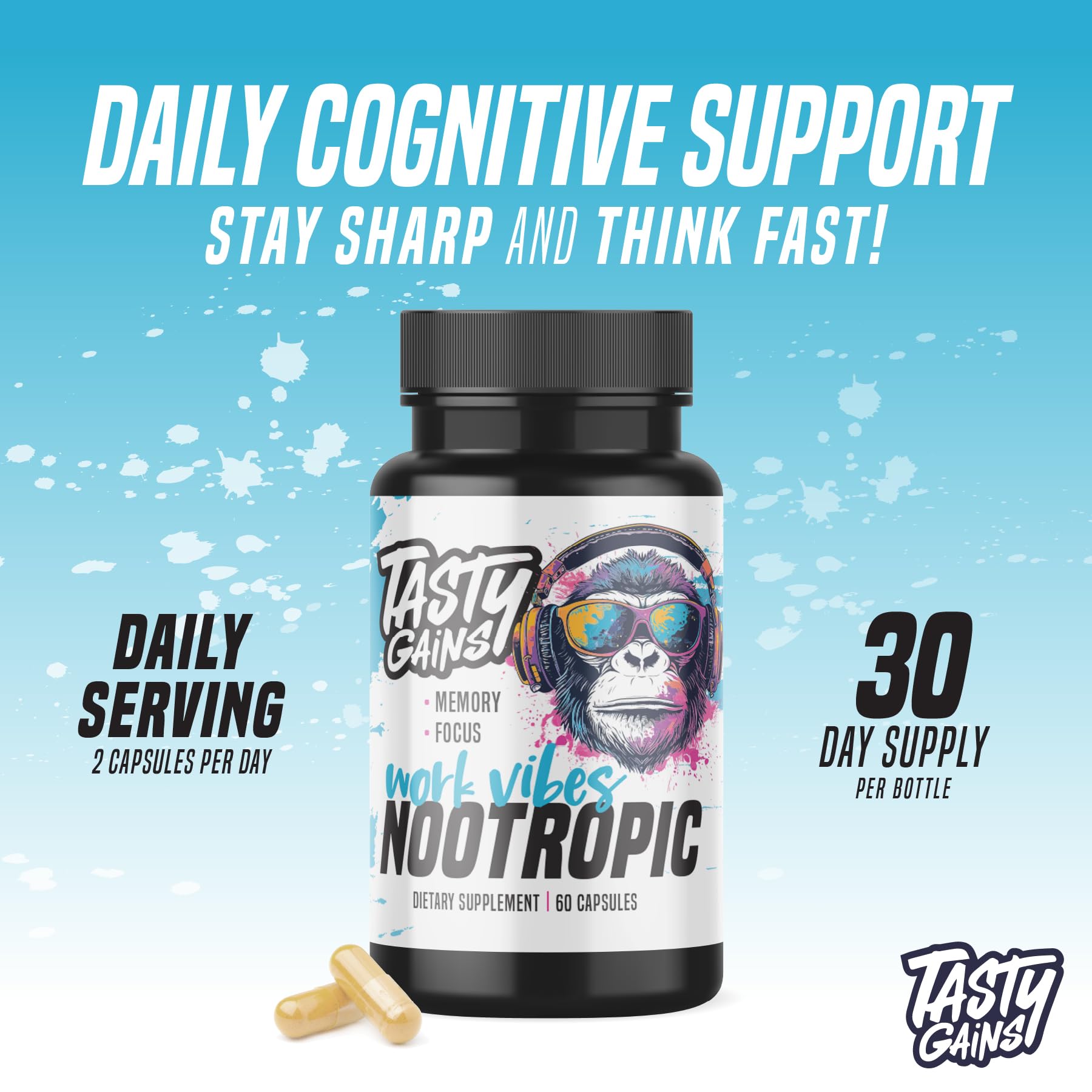 Nootropic Brain Supplement for Memory and Focus - Vitamin for Mental Health & Brain Health with L-Theanine, Rhodiola Rosea & Phosphatidylserine - Memory, Mental Clarity & Cognitive Improvement - 60 Ct TASTY GAINSAu supplements