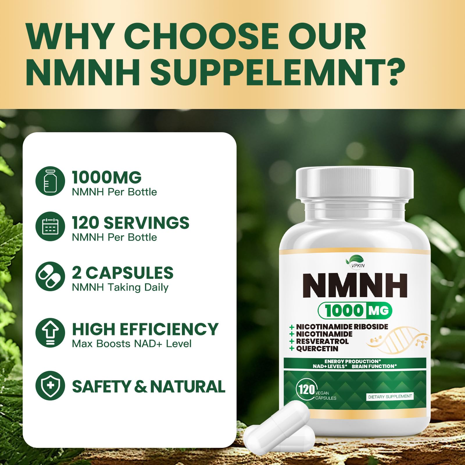 NMNH(Dihydronicotinamide Mononucleotide),NMNH Supplement 1000mg Pure Nicotinamide Mononucleotide,NAD High Purity Supplement Alternative,for Energy,Focus,Non-GMO, Gluten Free,120 Capsules VPKINAu supplements