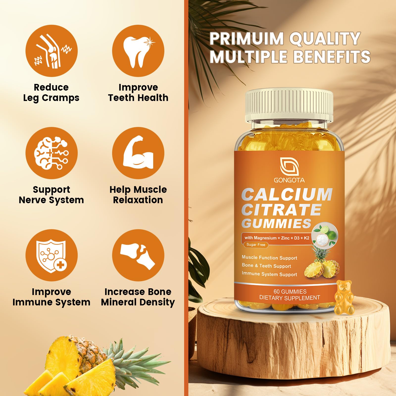 GONGOTA Calcium Citrate 1200mg with Vitamin D3 Gummies, Chewable Calcium for Bone, Muscle, Joints, Immune Support, Calcium Supplements for Women & Men,Sugar Free, Pineapple Flavor - 120 Gummies GONGOTAAu supplements
