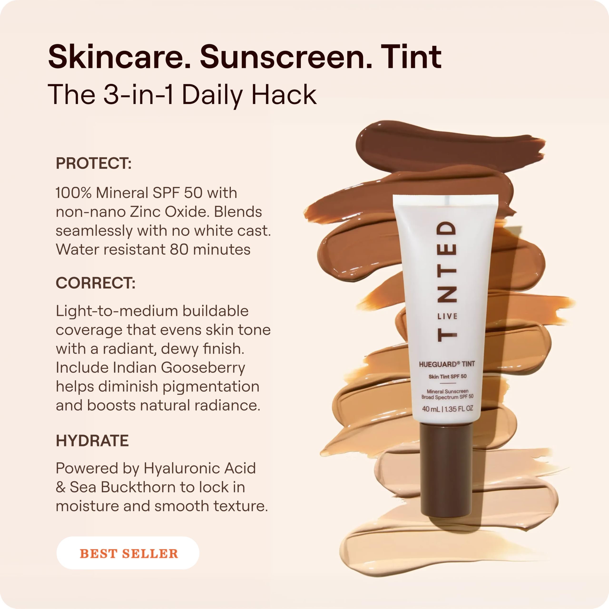 Live Tinted Hueguard Skin Tint SPF 50 - Tinted Mineral Sunscreen with Light-Medium Buildable Coverage With a Hydrating and Radiant Finish - Water and Sweat Resistant, 1.35 fl oz - Shade 10 Live TintedAu supplements