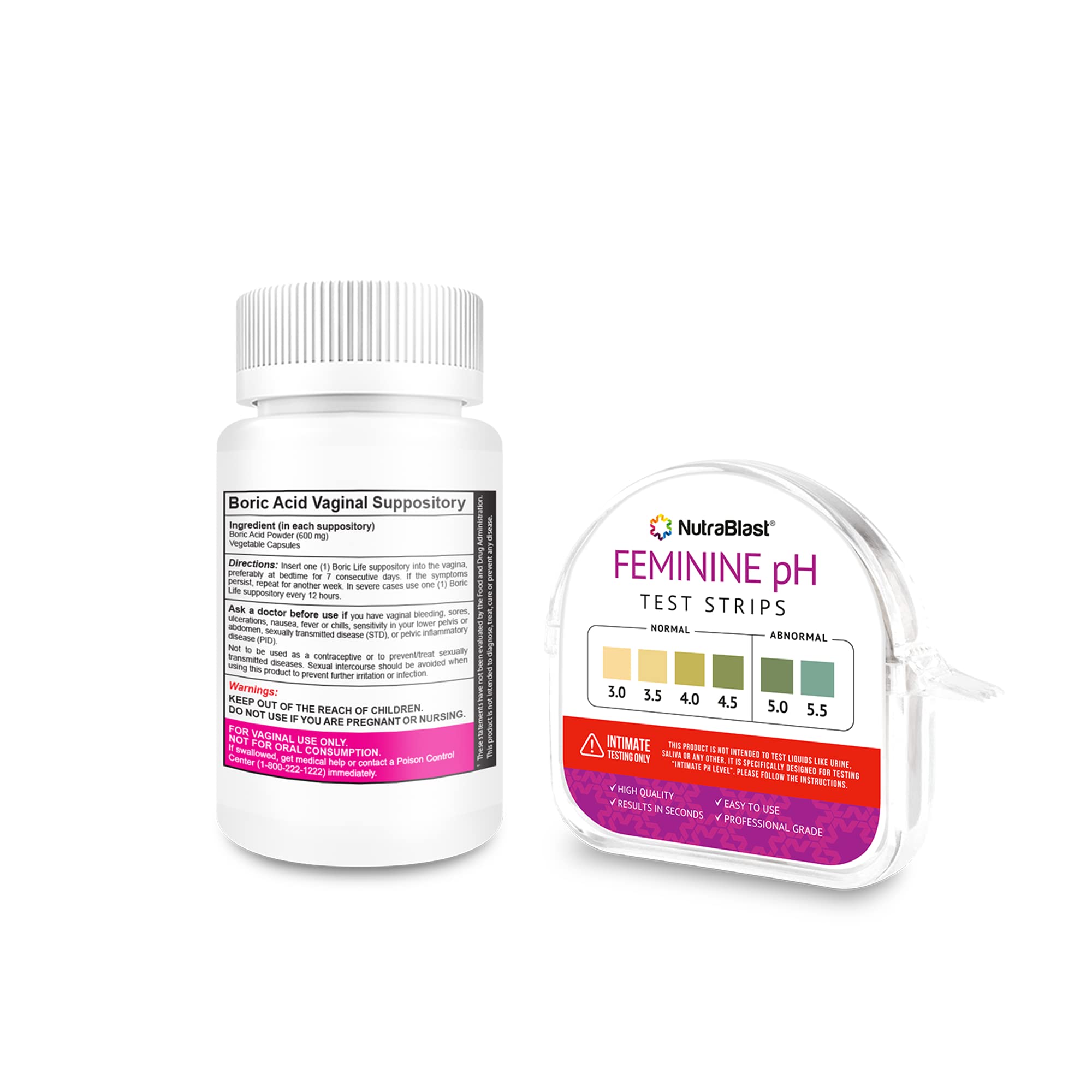 NutraBlast Boric Acid Vaginal Suppositories 600mg (30 Count) w/Feminine pH Test Strips 3.0-5.5 NutraBlastAu supplements