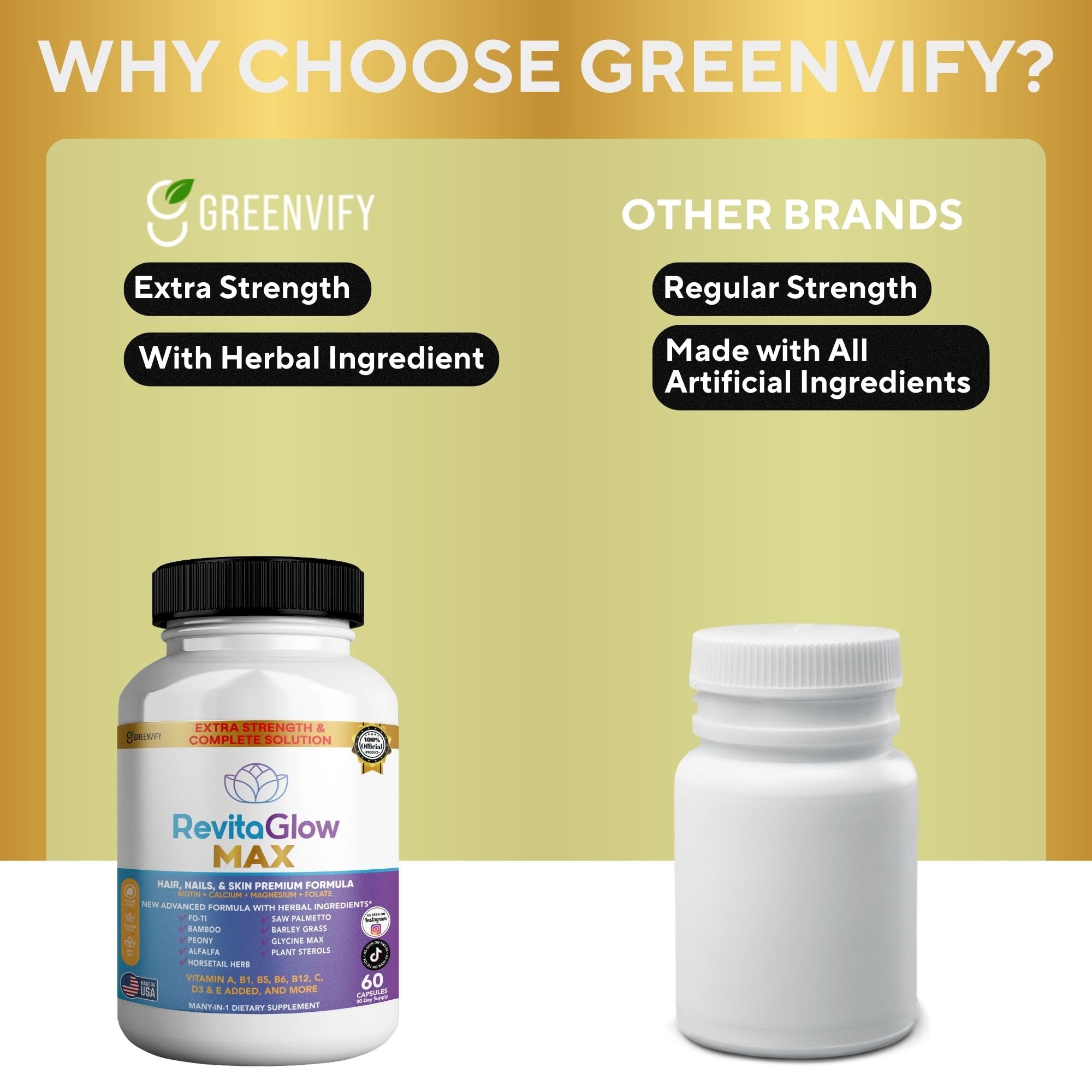 GREENVIFY RevitaGlow Max Hair, Nails & Skin Premium Formula, 60 Capsules, 30-Day Supply, with Biotin, Vitamins A, B1, B5, B6, B12, C, D3, E (1) GREENVIFYAu supplements