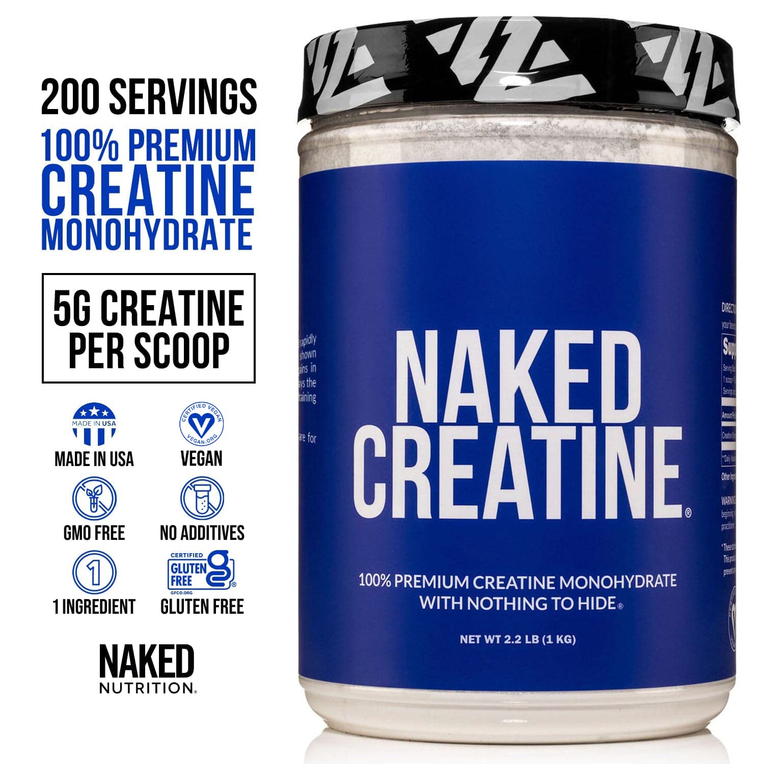 Pure Creatine Monohydrate – 200 Servings - 1,000 Grams, 2.2lb Bulk, Vegan, Non-GMO Naked NutritionUS supplements