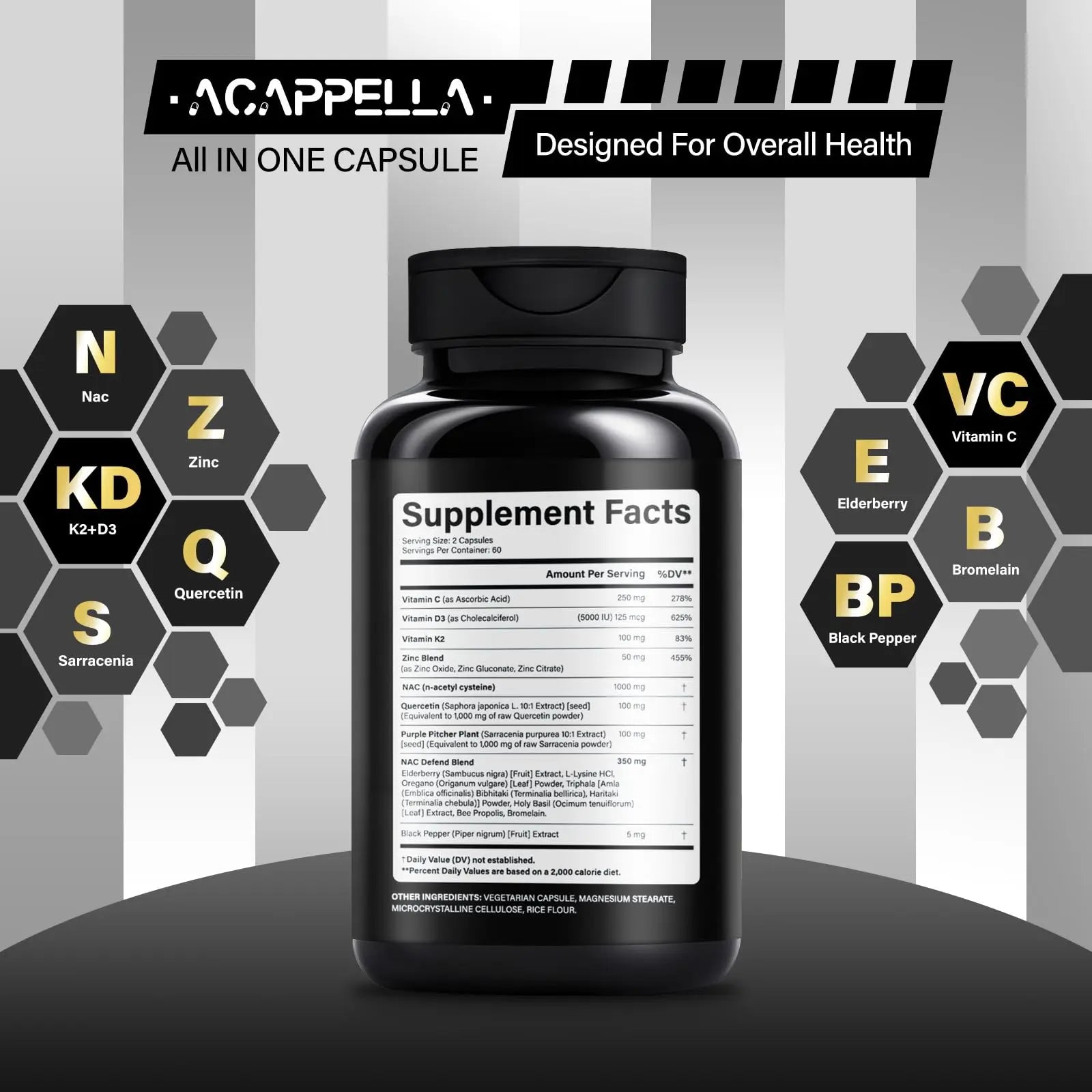 ACAPPELLA N-Acetyl Cysteine Vitamin D3 K2 Zinc Quercetin Sarracenia Purpurea NAC Supplement with Elderberry Holy Basil Bee Propolis Bromelain L-Lysin for Men & Women (1) ACAPPELLAAu supplements