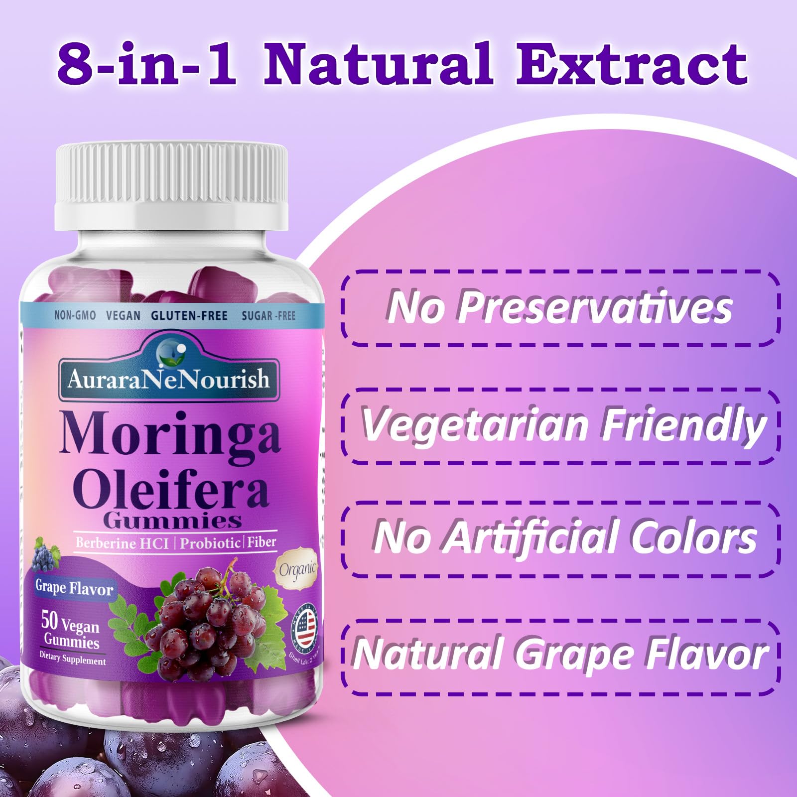 AuraraNeNourish Organic Moringa Oleifera Gummies for Women & Men, 8-in-1 Superfood Blend w. Berberine HCl & Moringa Leaf Extract for GLP-1 Support & Energy Immune Joint & Gut Health Sugar-Free AuraraNeNourishAu supplements