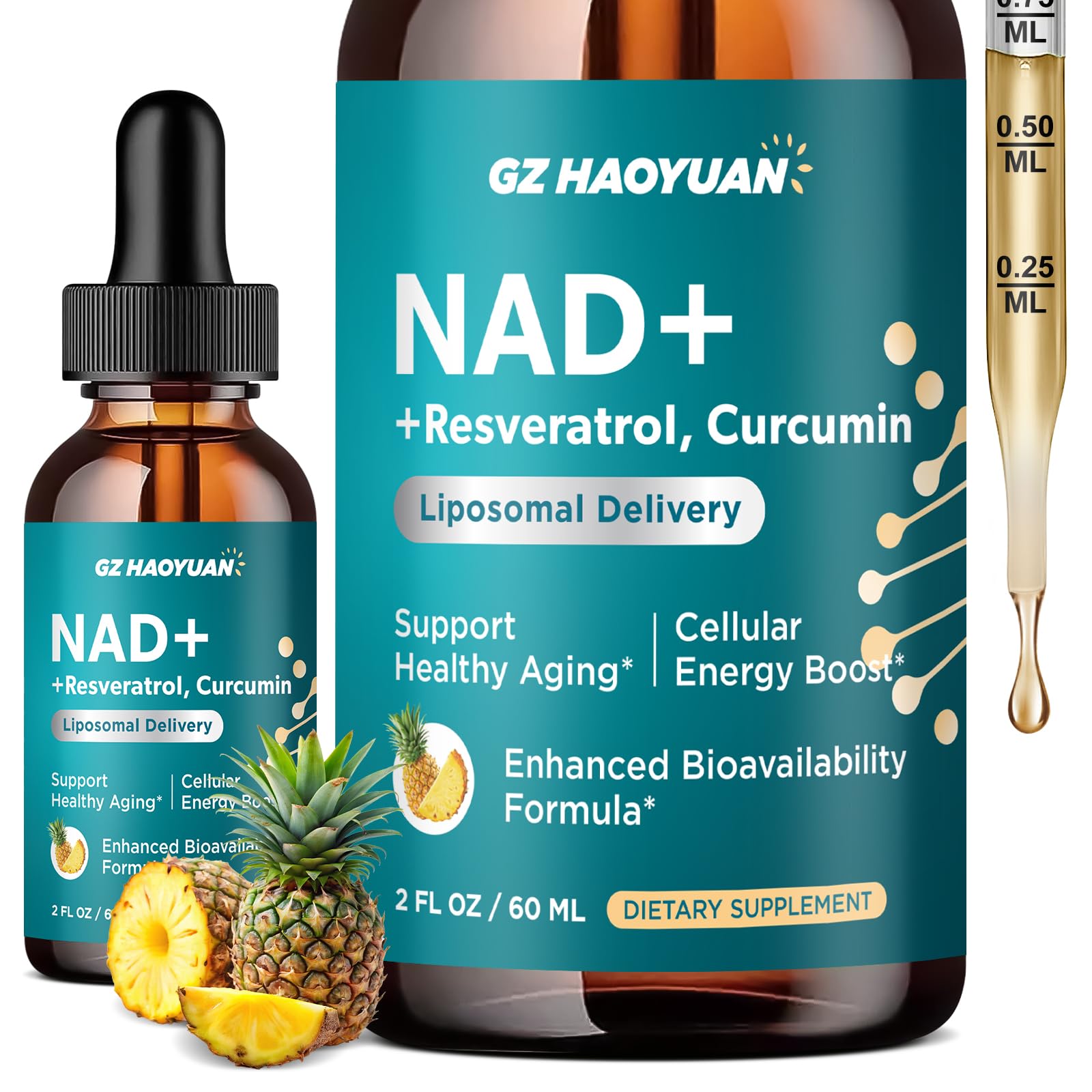 GZ HAOYUAN NAD Liquid Supplement for Women, Liposomal NAD+ Drops 1200MG with NAD Plus Resveratrol, Tmg, Quercetin, Anti-Aging, Cell Regeneration, Energy & Metabolism Support, Pineapple Flavor GZ HAOYUANAu supplements