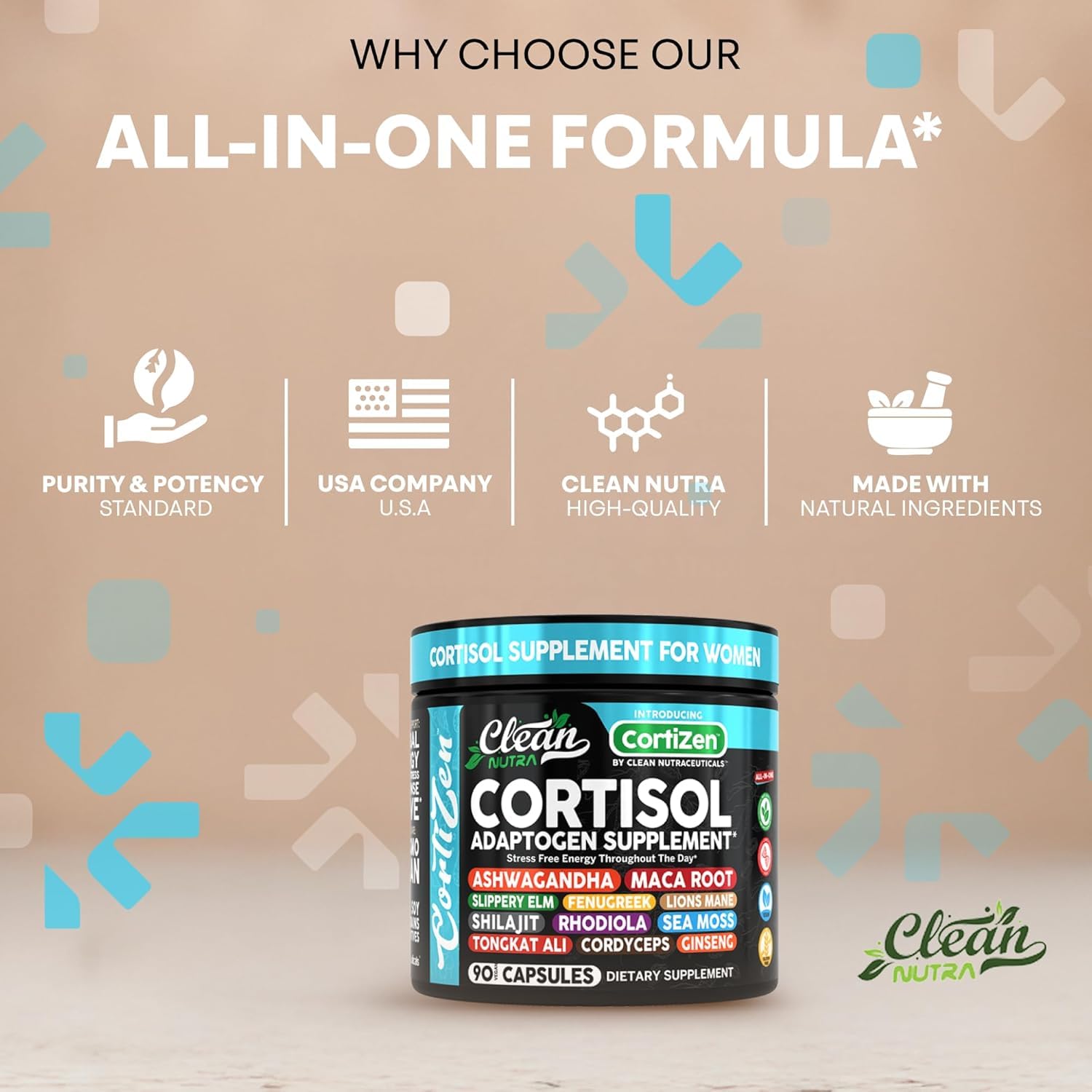 Clean Nutra Cortisol Supplements For Women | Maca Root Ashwagandha Cortisol Detox Manager Reducer + Slippery Elm Fenugreek Lions Mane Shilajit Rhodiola Sea Moss Tongkat Ali Cordyceps Ginseng Beet Root Clean NutraceuticalsAu supplements
