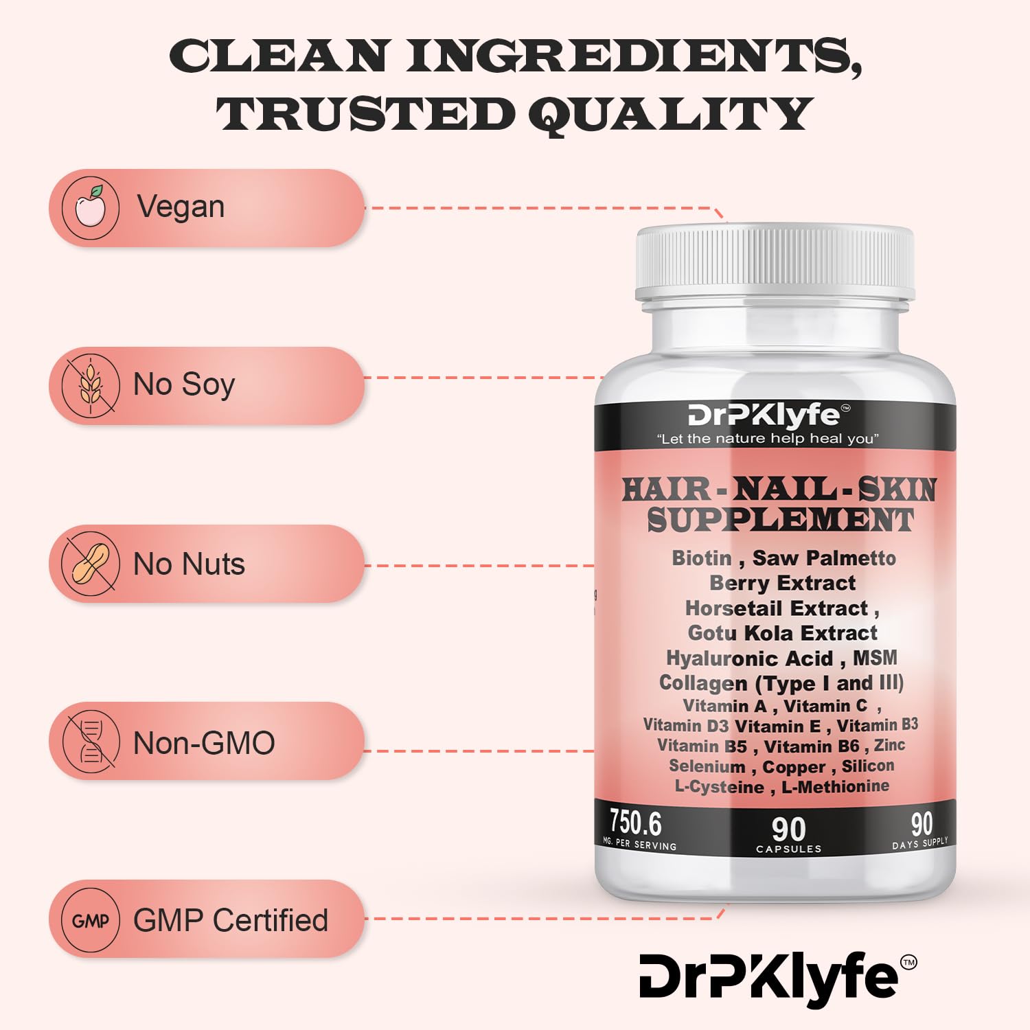DrPKLyfe Hair, Nail and Skin Supplement Capsules:Biotin, Collagen, Collagen Peptides, Acid Hyaluronic, Biotin, Vitamin A, C, B5, B6 Saw Palmetto & More - 90 Capsules. DrPKLyfeAu supplements