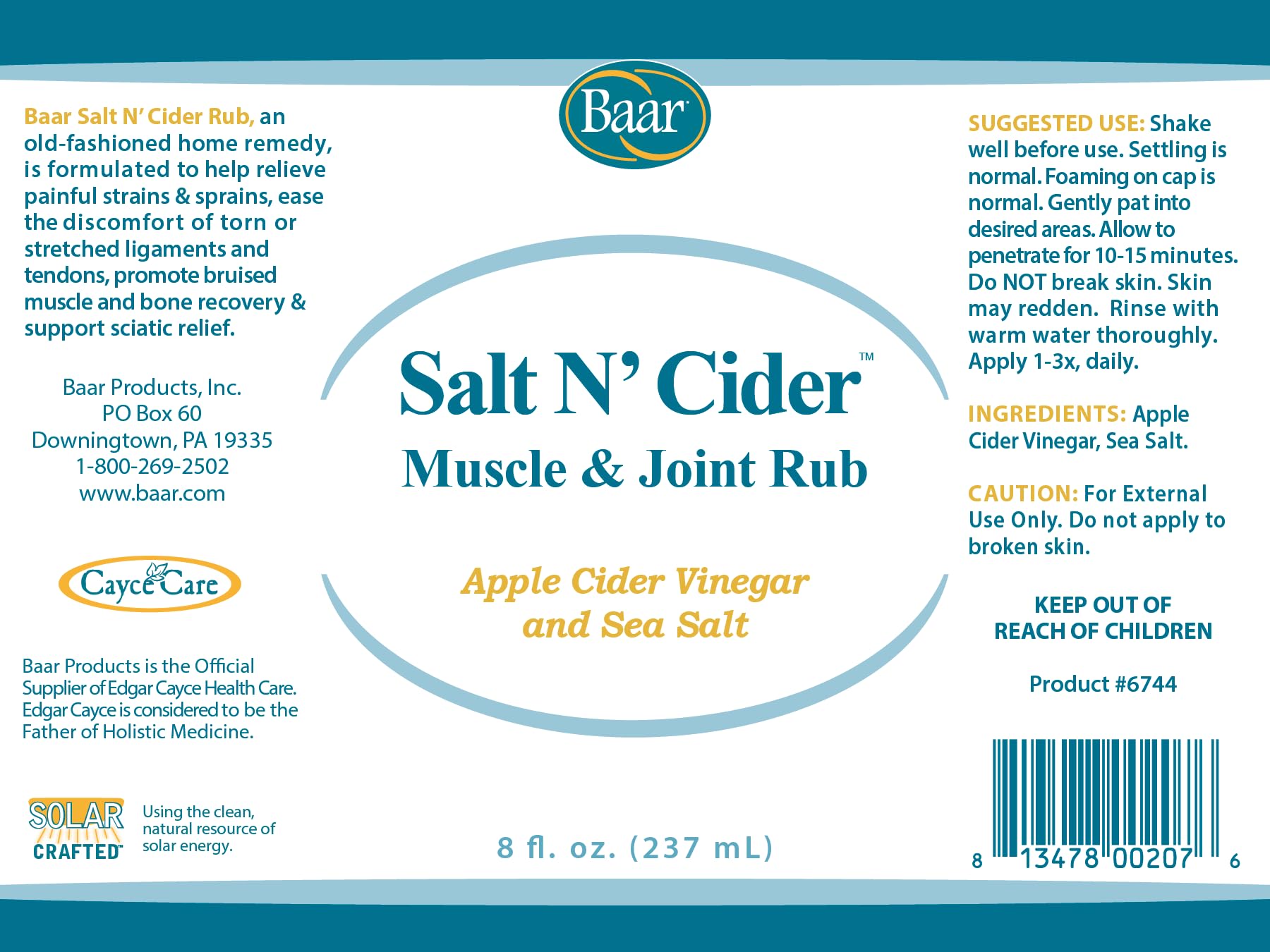 Baar Salt N' Cider Rub - Aids Bruised Ligaments & Tendons, Strains, Sprains & Bone Recovery, 8 fl. oz. BaarAu supplements