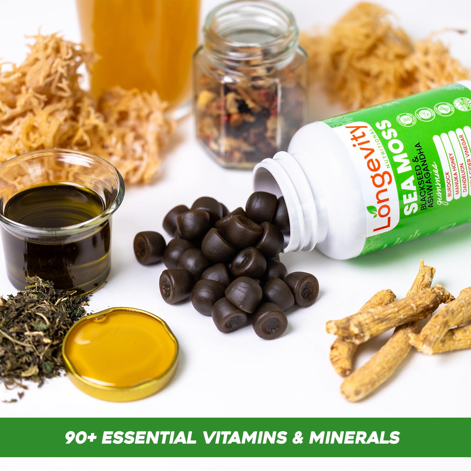Longevity Nutritional Sea Moss, Thyroid Energy Vitamins Mineral Burdock Manuka Honey Dandelion Apple Cider Bladderwrack Ashwagandha Extract Turmeric Antioxidant Boost Immune Superfood Gummies Longevity NutritionalAu supplements