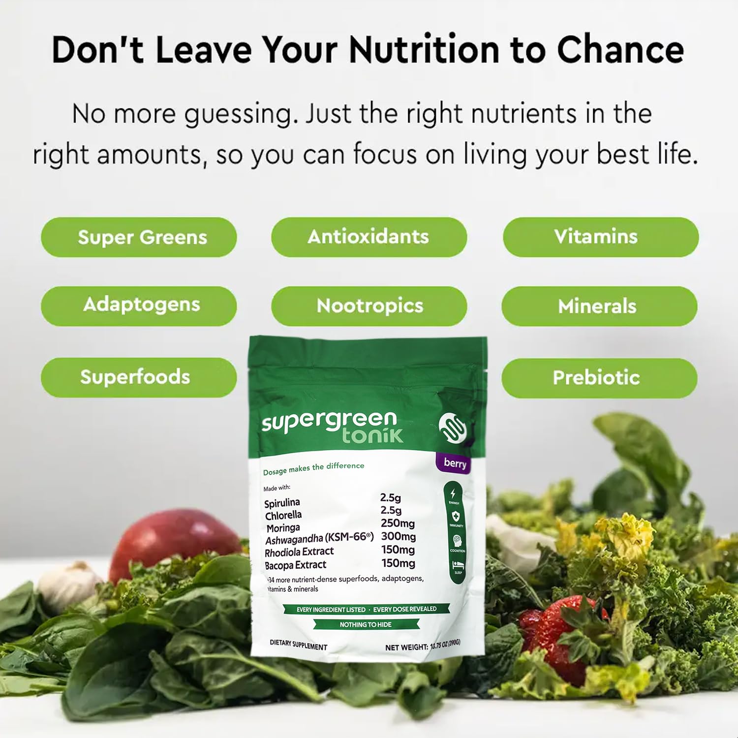 SUPERGREEN TONIK 100% Natural Greens Superfood Powder – Daily Supplement with 40 Superfoods, Vitamins and Minerals – Supports Energy, Stress and Immunity – 30 Days 360 Grams Berry Flavor (1 Bag) SUPERGREEN TONIKAu supplements
