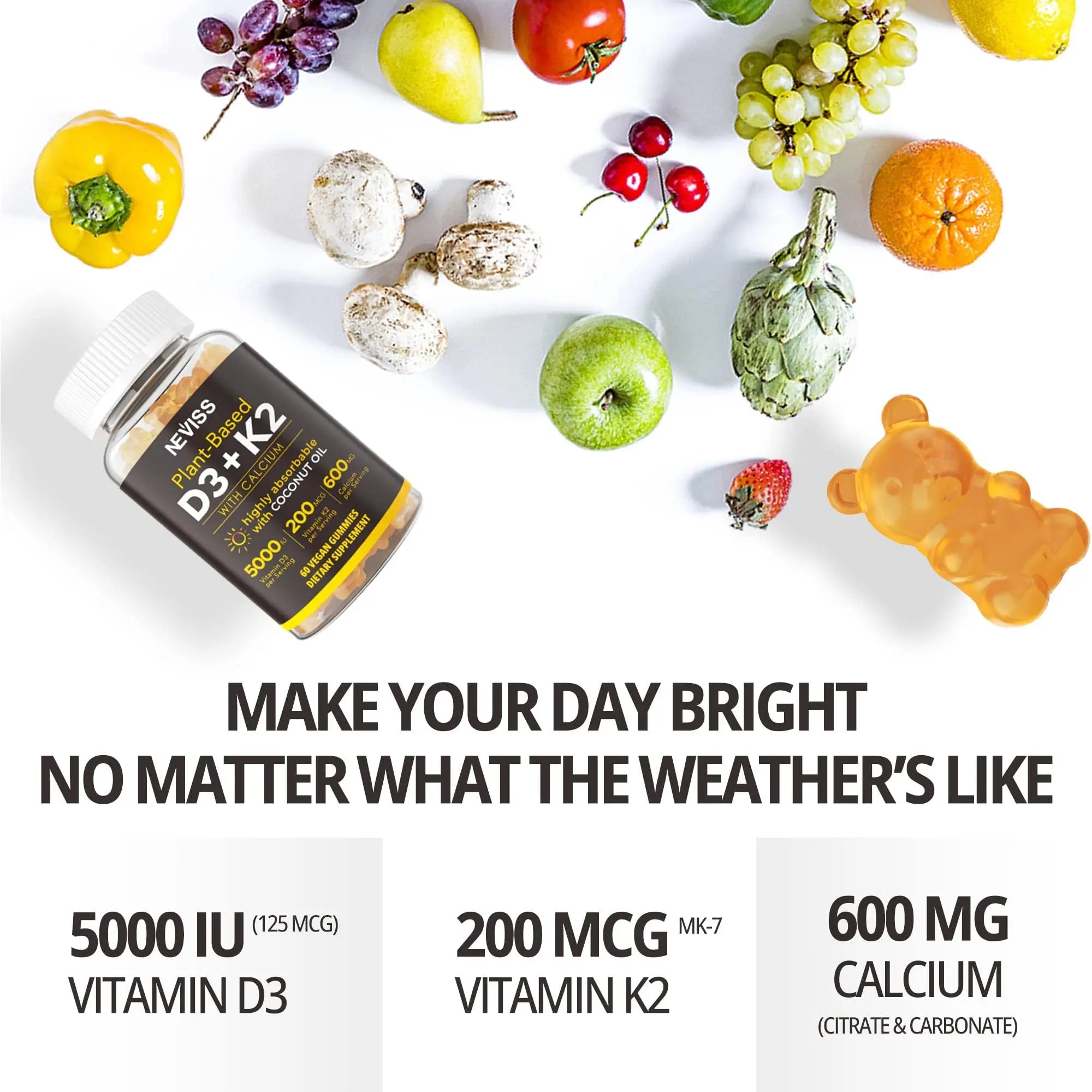 NEVISS 50+ Daily Gummy Multivitamin Algae Omega 3 & Calcium, CoQ10, Magnesium + Vitamin D3 5000IU Gummies 125mcg with Calcium 600mg, K2(MK7) 200mcg NEVISSAu supplements