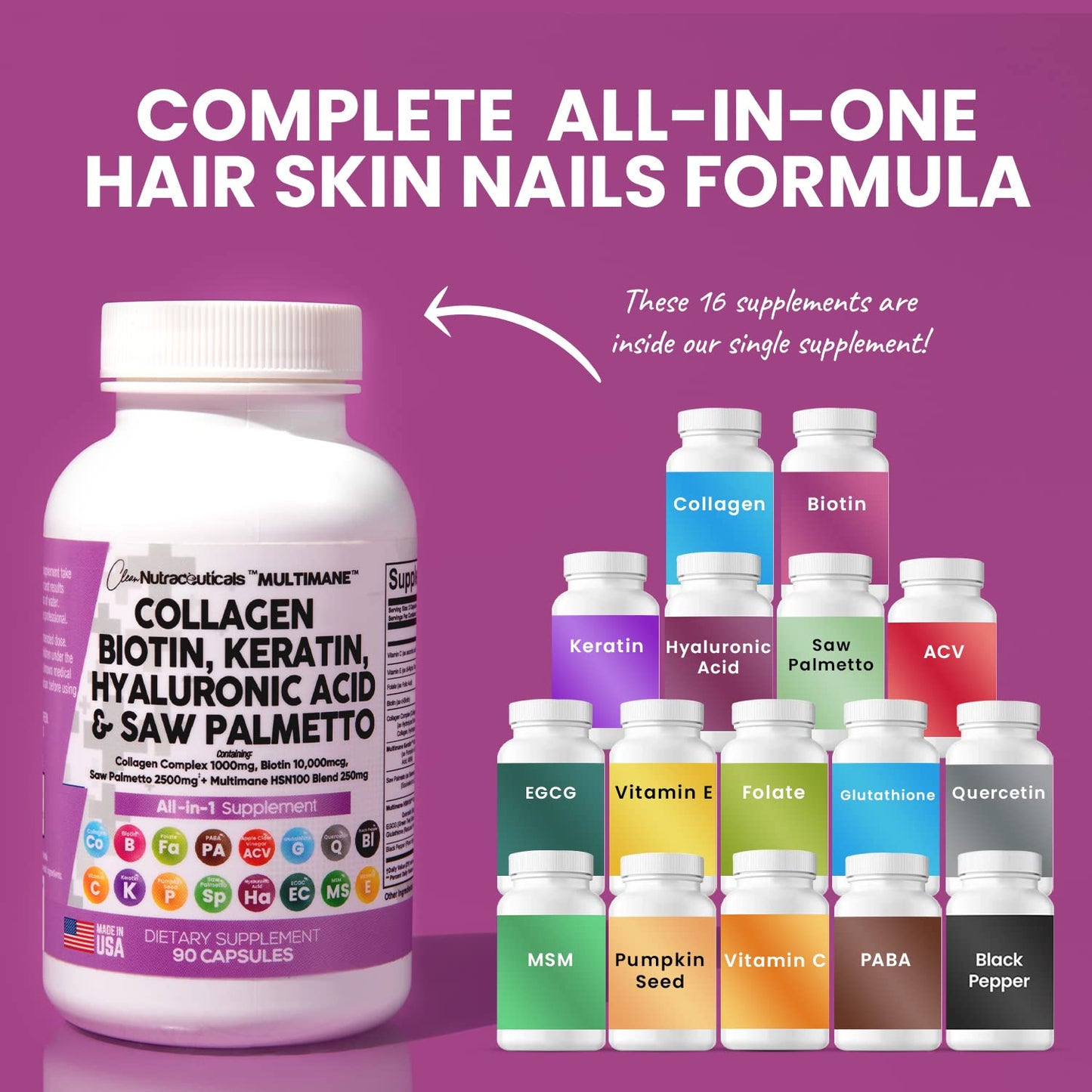Collagen Pills 1000mg Biotin 10000mcg Keratin Saw Palmetto 2500mg 90 Ct Clean NutraceuticalsUS supplements