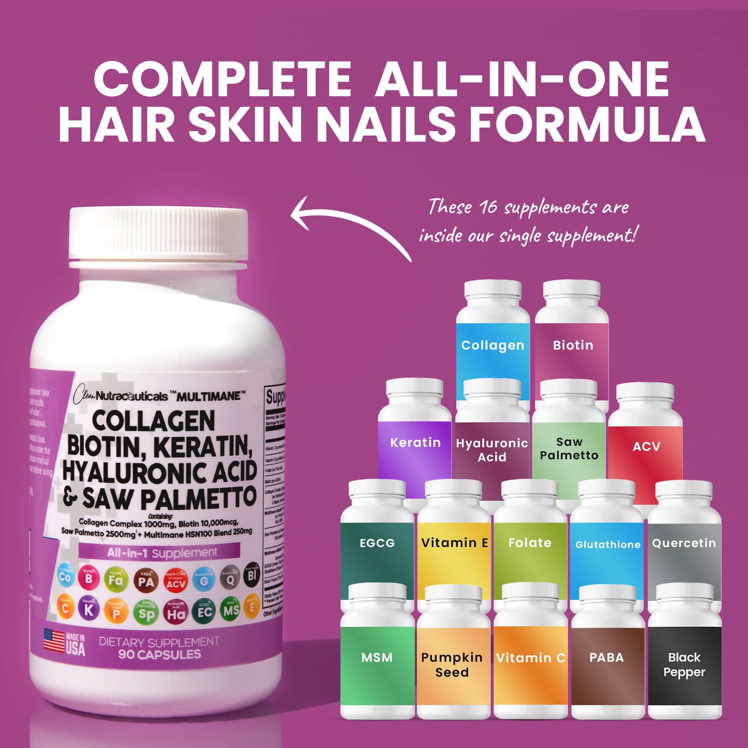 Collagen Pills 1000mg Biotin 10000mcg Keratin Saw Palmetto 2500mg 90 Ct Clean NutraceuticalsAu supplements