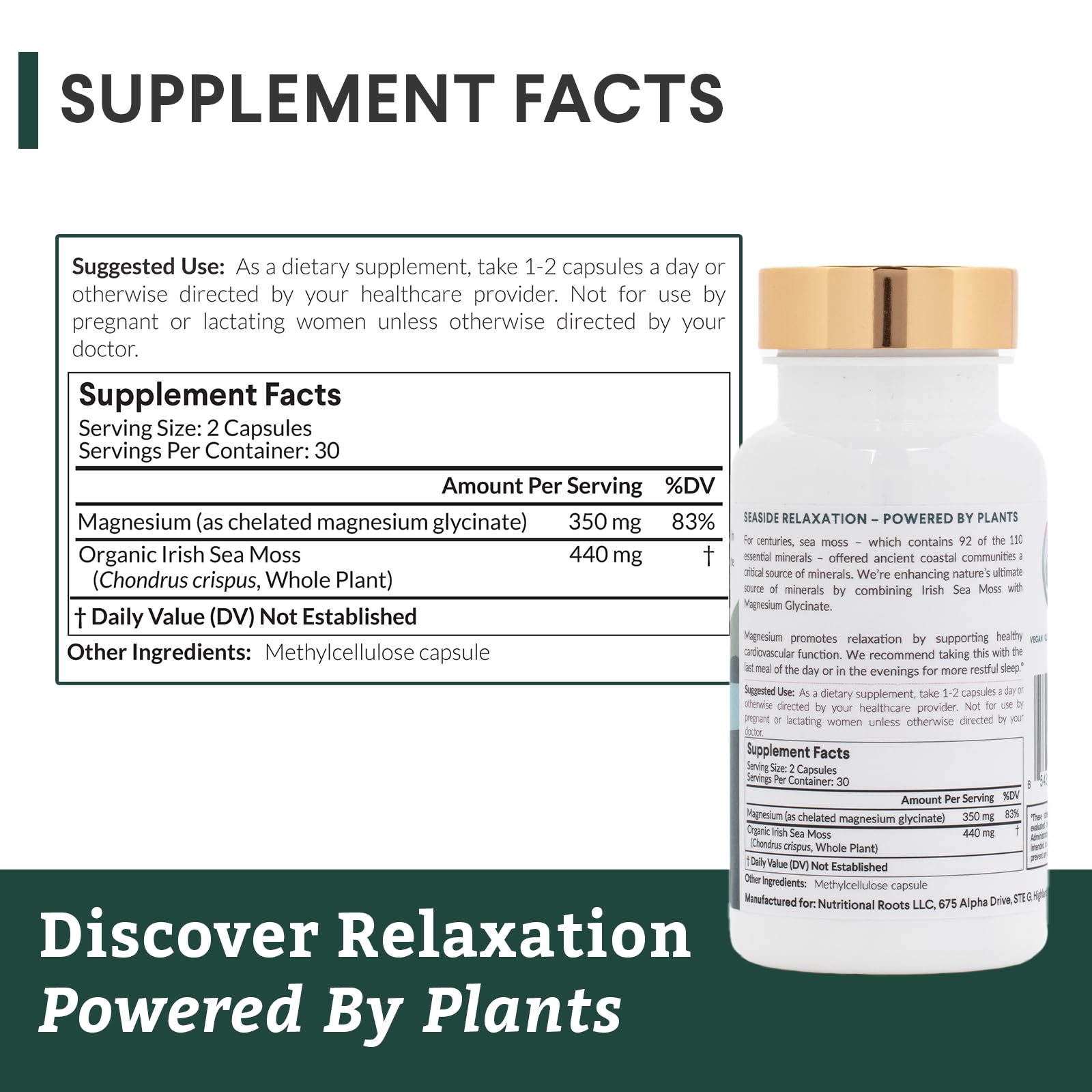 Nutritional Roots - Magnesium + Irish Sea Moss - 350mg Magnesium Glycinate & Organic Irish Sea Moss - Essential Minerals - Supports Heart & Bone Health - Dietary Supplement - 30 Servings - 60 Capsules Nutritional RootsAu supplements