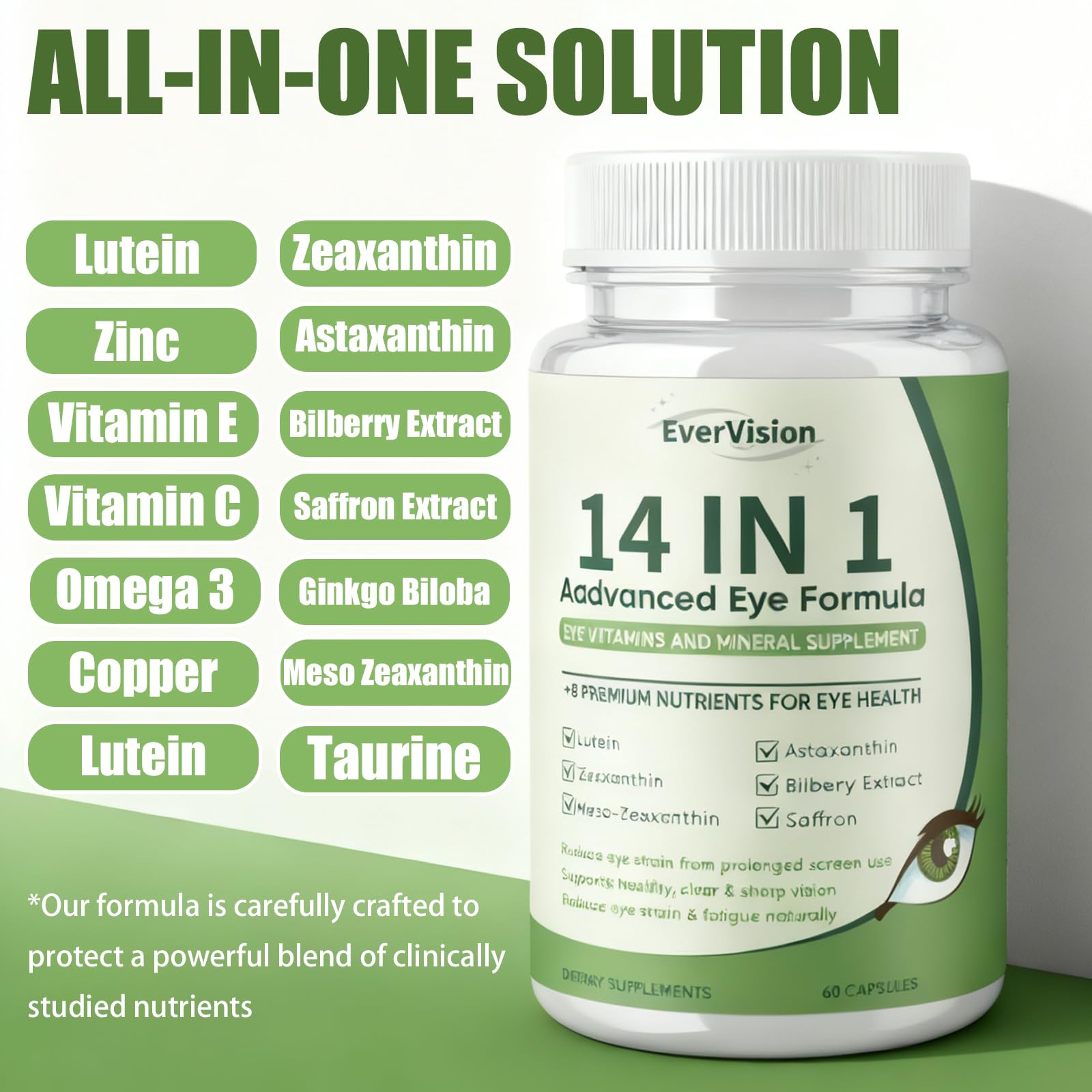 EVERVISION 14 in 1 Advanced Eye Formula, Eye Vitamin and Mineral Supplement with Zinc, Lutein, Zeaxanthin & Bilberry Extract, 60ct EVERVISIONAu supplements