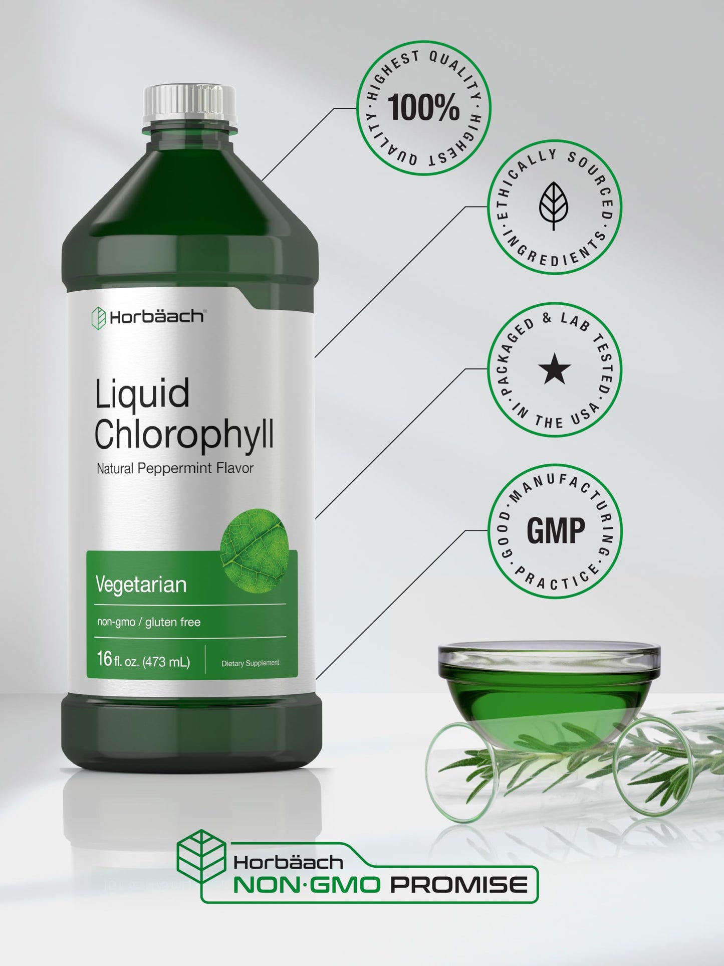 Chlorophyll Liquid Drops 100mg | 32 oz (2 x 16 oz Bottles) | Natural Peppermint Flavor HorbäachUS supplements