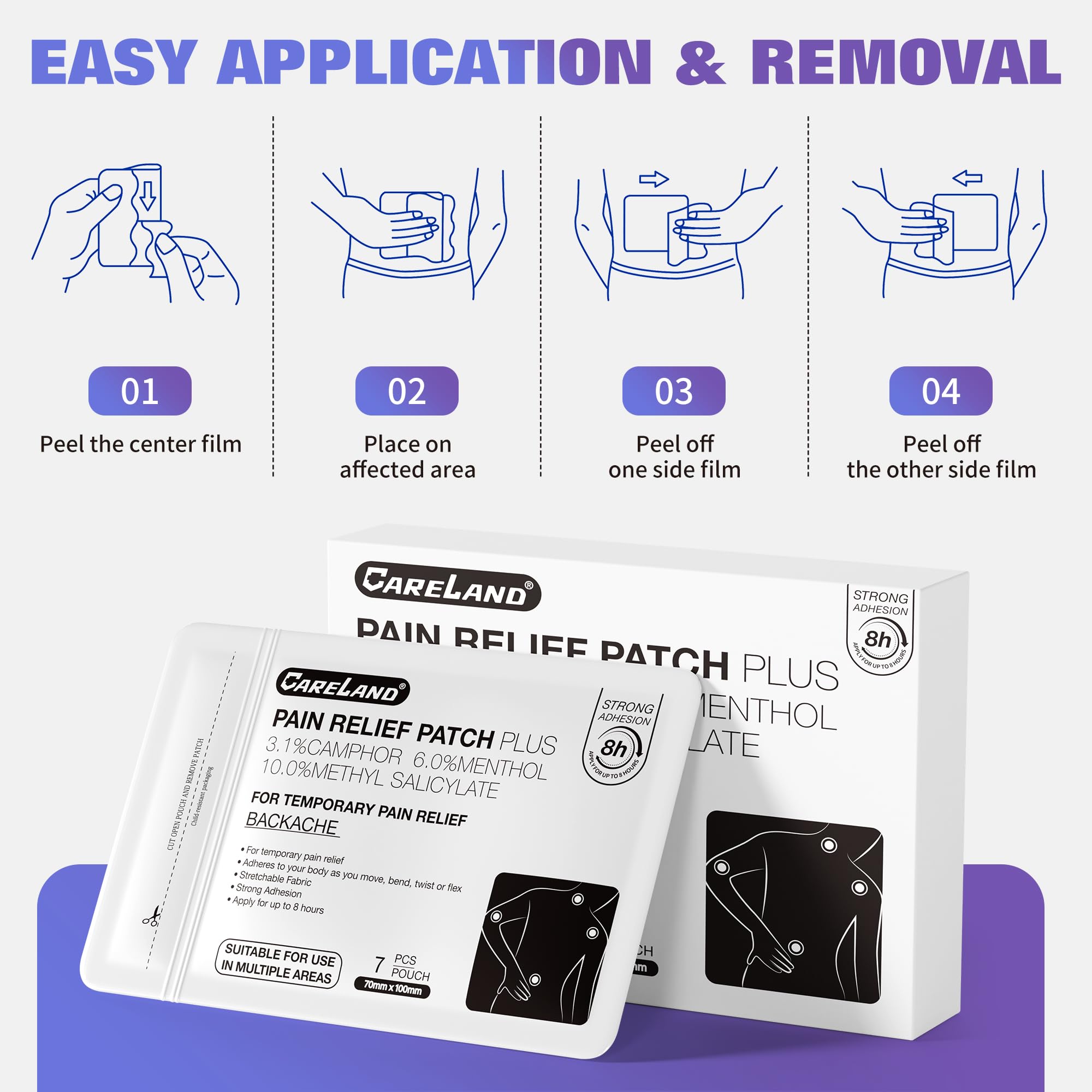 CARELAND Compound Pain Relief Patches, 56 Count (7cm x 10cm) - OTC with Stronger Adhesion for Back, Shoulder, Knee, Large Size CARELANDAu supplements