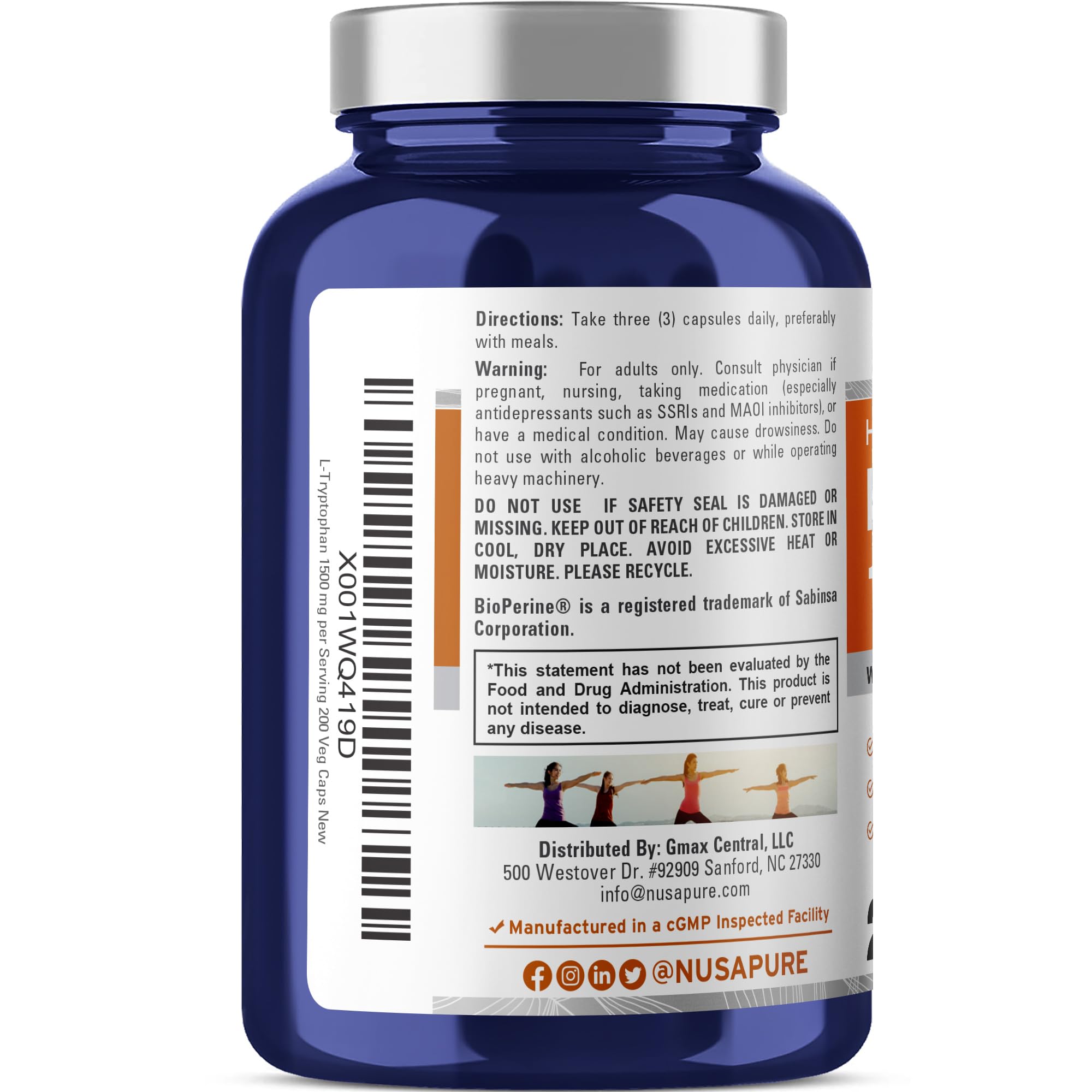 NusaPure L-Tryptophan - Suitable for Vegetarian/Vegan, Non - GMO - 1500mg 200 Capsules NusaPureAu supplements