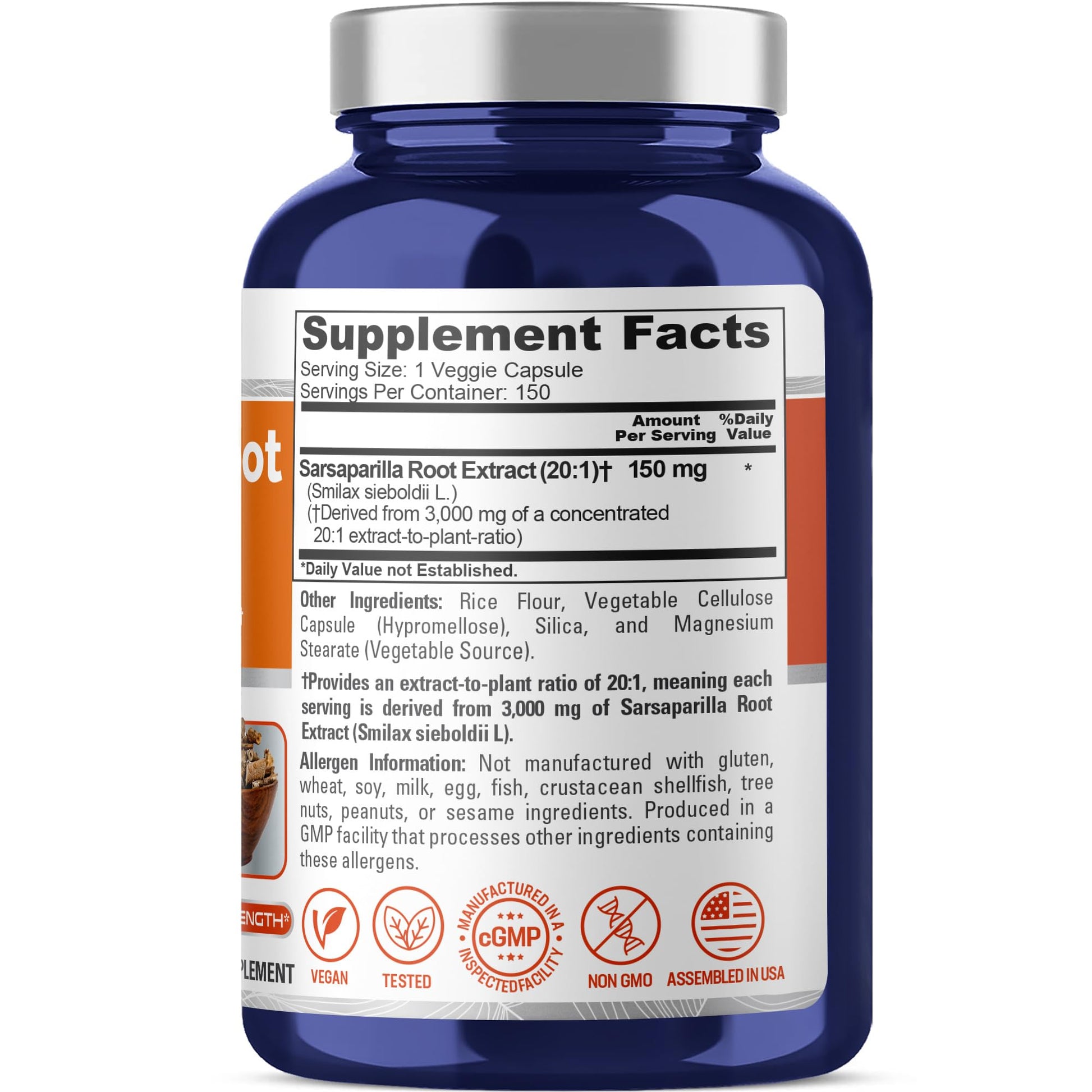 NusaPure Sarsaparilla Root 20:1 Extract - Suitable for Vegetarian/Vegan, Non - GMO - 3000 mg - 150 Capsules NusaPureAu supplements