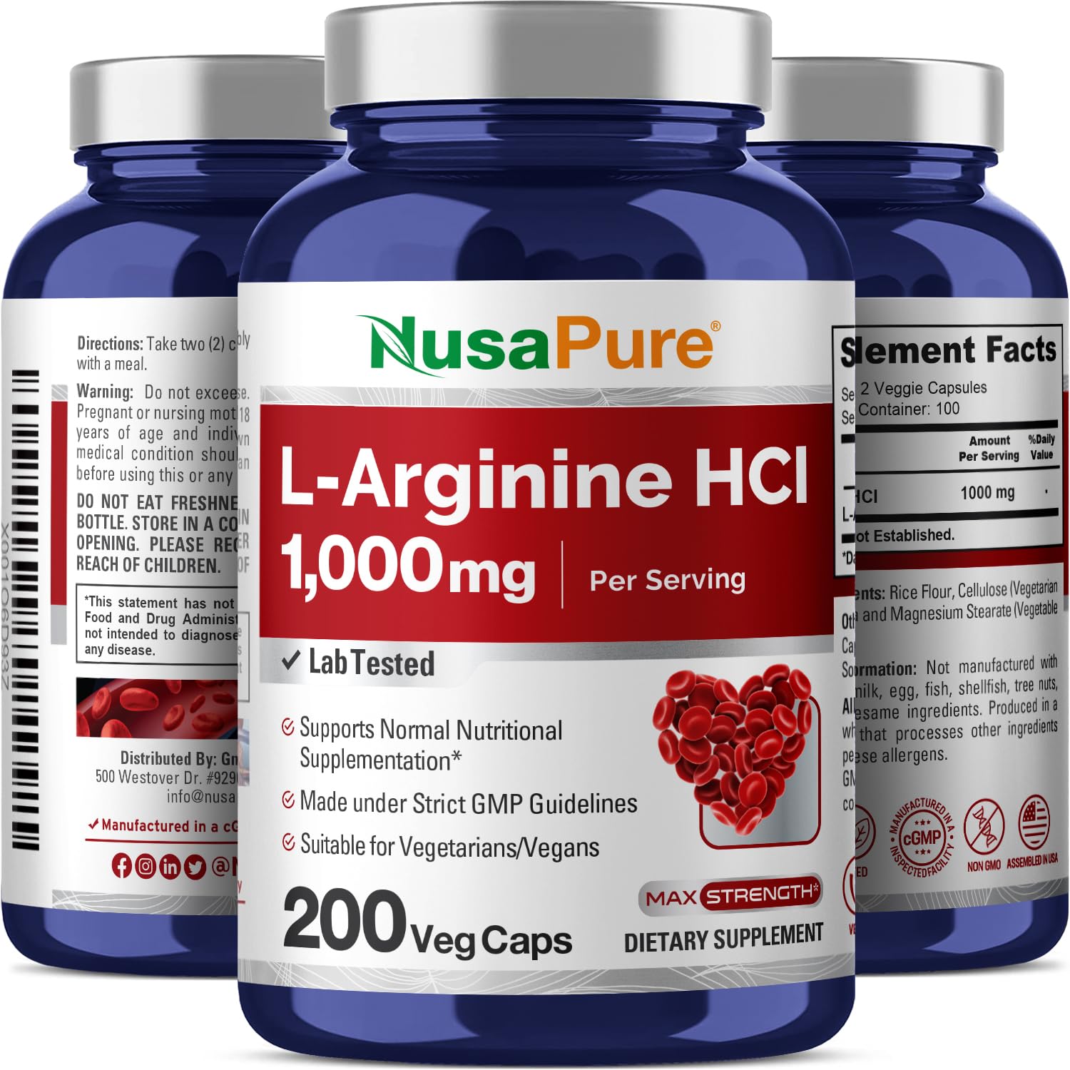 NusaPure L-Arginine 1000 mg 200 Veggie Capsules (Non-GMO, Vegetarian, Vegan) NusaPureAu supplements