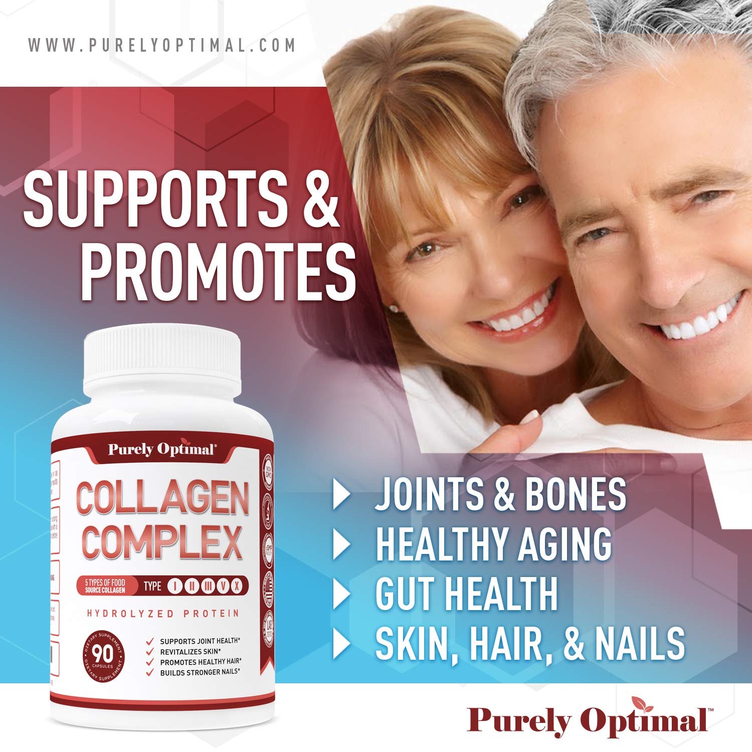Purely Optimal Premium Multi Collagen Peptides Capsules (Types I, II, III, V, X) - Hair Purely OptimalUS supplements