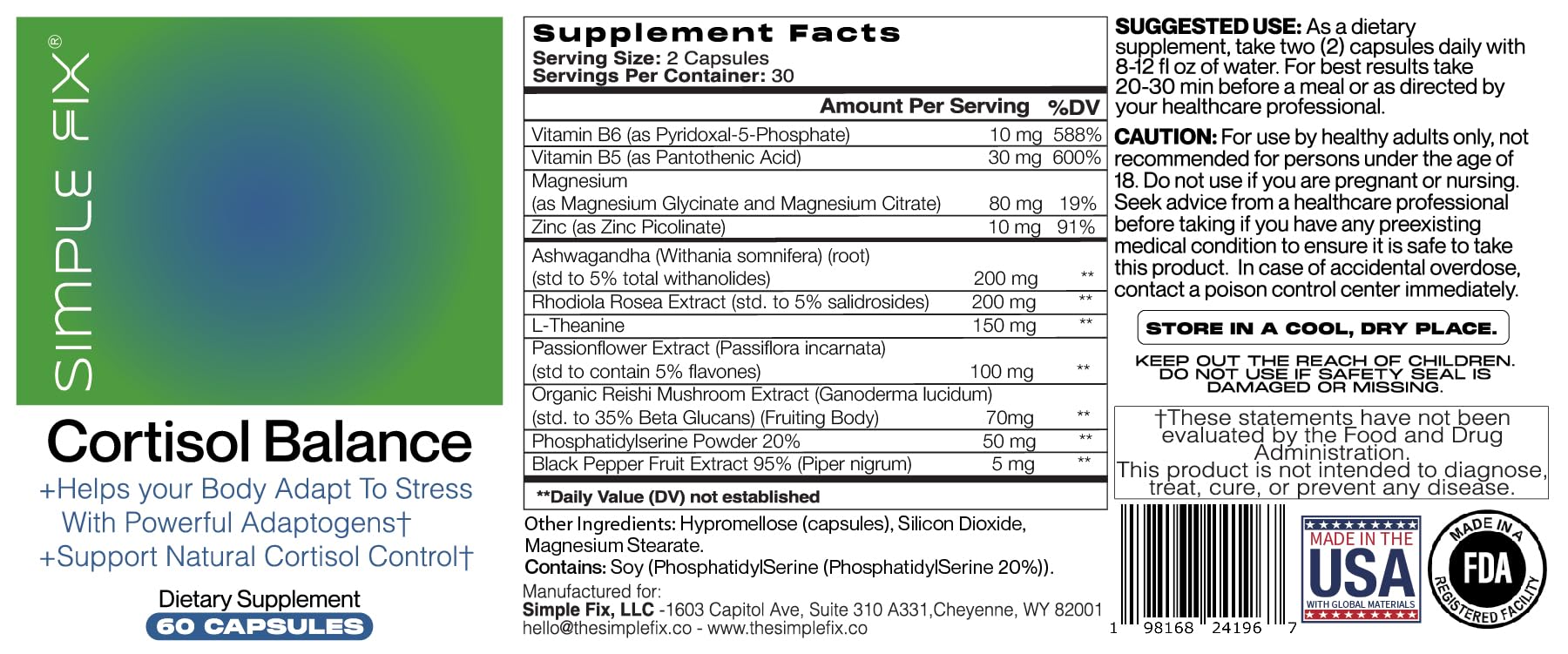 The Simple Fix Cortisol Balance Supplement – Supports Stress, Focus & Daily Energy – with Ashwagandha, Rhodiola Rosea, L-Theanine, Magnesium, Zinc & B6 – Adaptogen Formula – Vegan Capsules The Simple FixAu supplements