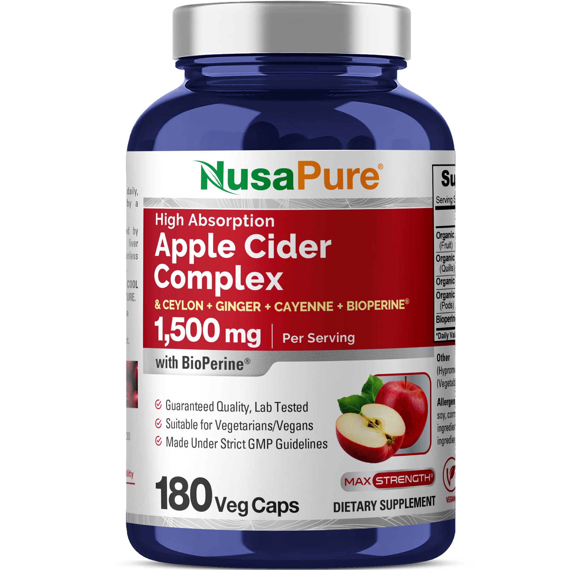 NusaPure Apple Cider Vinegar Complex 1500 mg 180 Veg Caps Suitable for Vegetarians and Vegans, Non-GMO NusaPureAu supplements