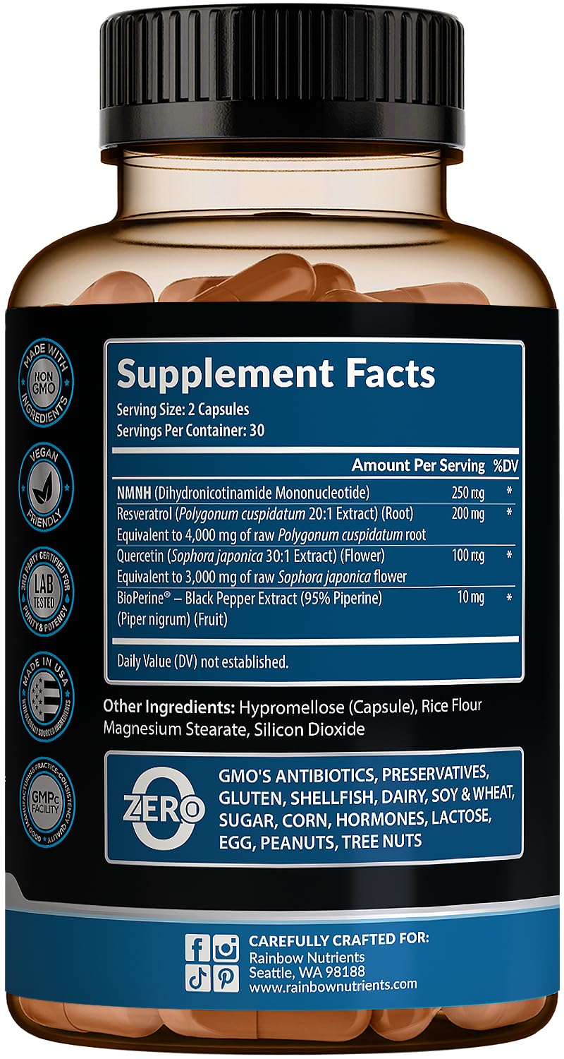 NMNH Supplement (NMN Alternative) NAD Booster for Anti-Aging, Cellular Energy & Nice Skin- Dihydronicotinamide mononucleotide, Resveratrol, Quercetin & BioPerine® for Max Absorption- 60 caps Rainbow Nutrients, LLCAu supplements