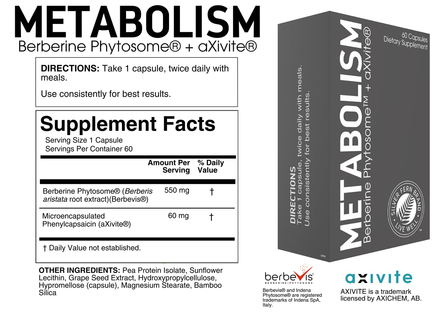 Silver Fern Brand Metabolism Supplement + Berberine Phytosome & aXivite – Supports Function & Wellness – 60 Capsules Silver FernAu supplements