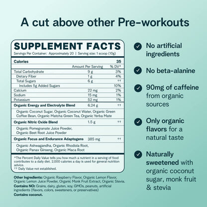 Ora Organic Natural Pre Workout Powder - Raspberry Lemonade Flavor- Provides Jitter Free Energy, Focus, Hydration, & Endurance - Vegan, Certified Organic, Soy, Dairy, & Gluten Free, 20 Servings Ora OrganicUS supplements