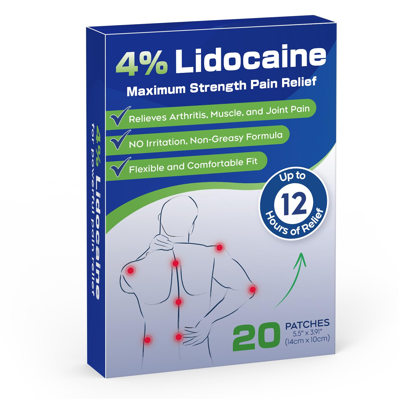 Uposiut 4% Lidocaine Patches - 20 Count Maximum Strength Lidocaine Patches, 10 Packs of 2 Patches for Muscle Pain Relief in The Neck, Shoulders, Back, Knees, and Anks, 12 Hour Pain Relief-012345 UposiutAu supplements