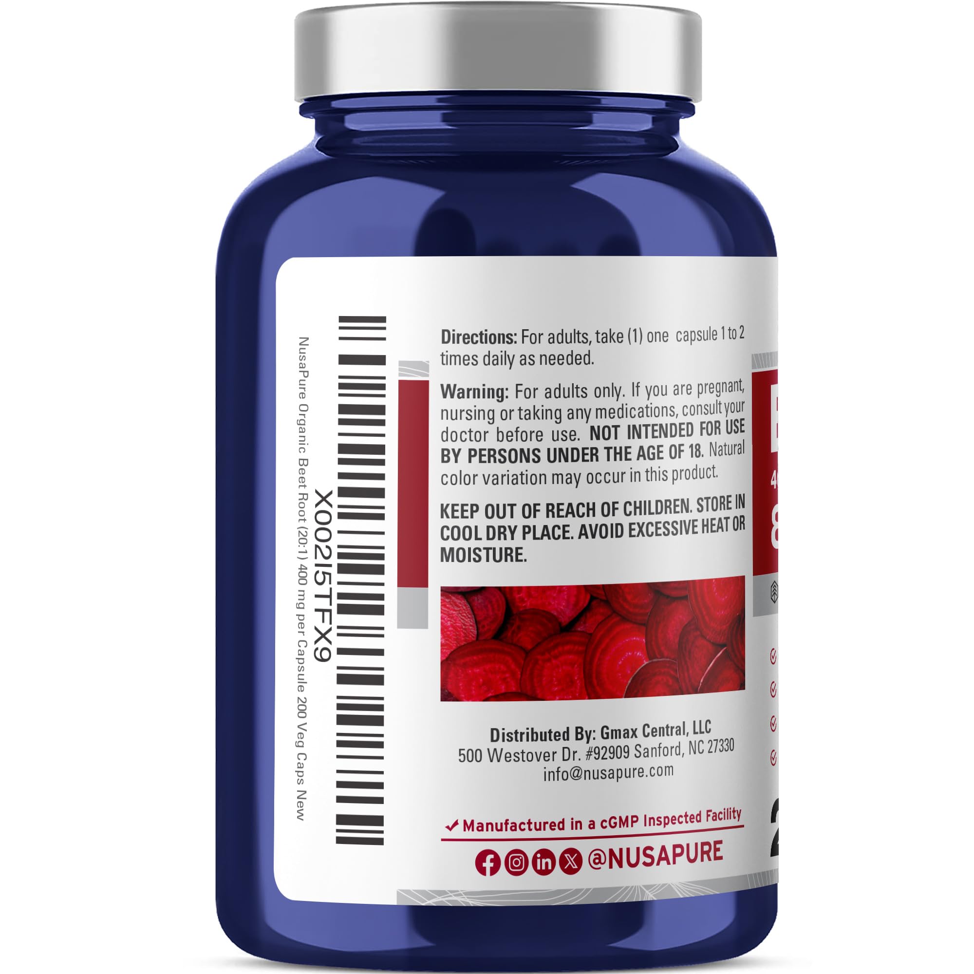 NusaPure Organic Beet Root 20:1 Extract, 400 mg Equivalent to 8,000 mg - Black Pepper 4:1 Extract, 10 mg - 200 Veggie caps (Vegan, Non-GMO) NusaPureAu supplements