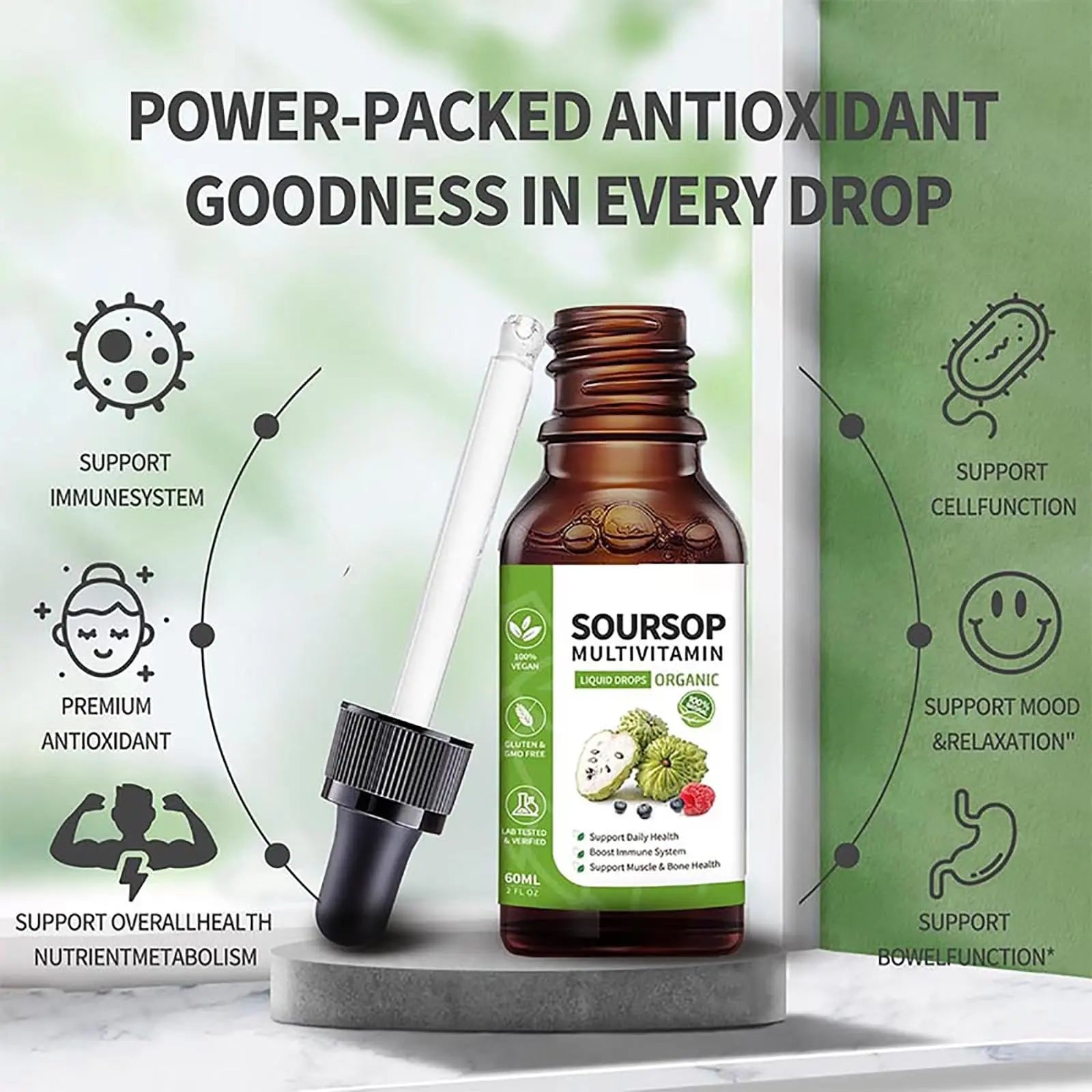 Soursop Bitters Liquid 2 Fl Oz, Soursop Graviola Leaf Extract Liquid Drop, Soursop Multivitamin Liquid Drops Organic for Cell Support, Immune System, Relax bogomoAu supplements